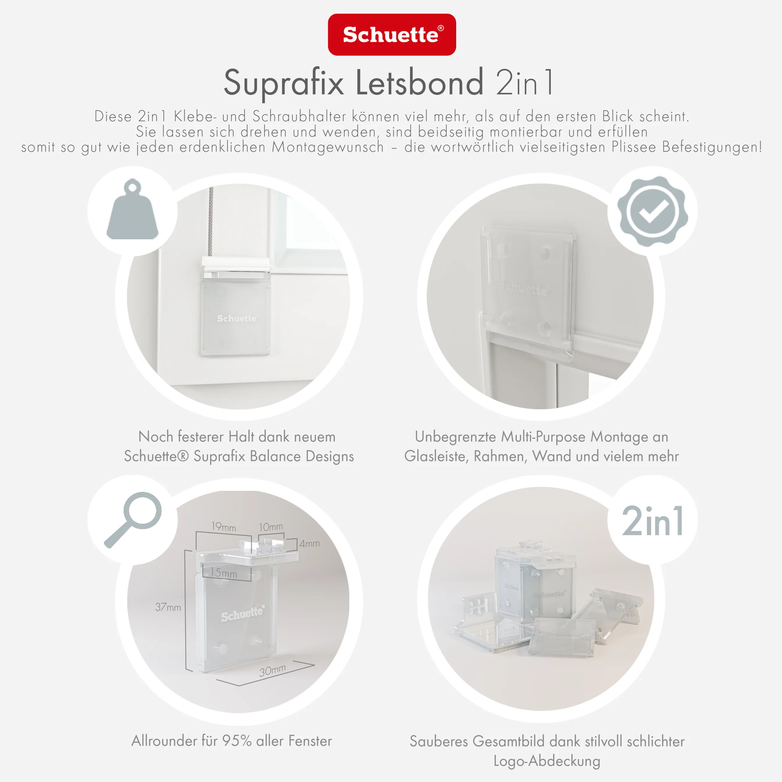 Schuette® Wabenplissee ohne Bohren nach Maß • Klebehalter & Schraubhalter 2in1 Set "Letsbond" Transparent • Honey Kollektion: Twilight Tango (Grau) • Profilfarbe: Weiß