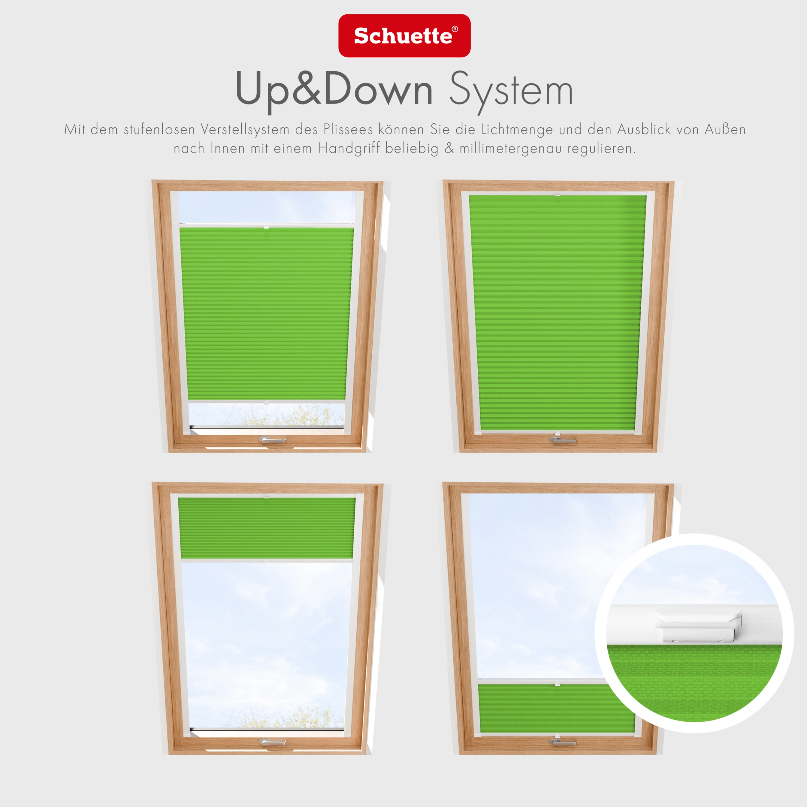 Schuette® Dachfenster Plissee nach Maß • Premium Kollektion: Green Meadow (Grün) • Profilfarbe: Weiß