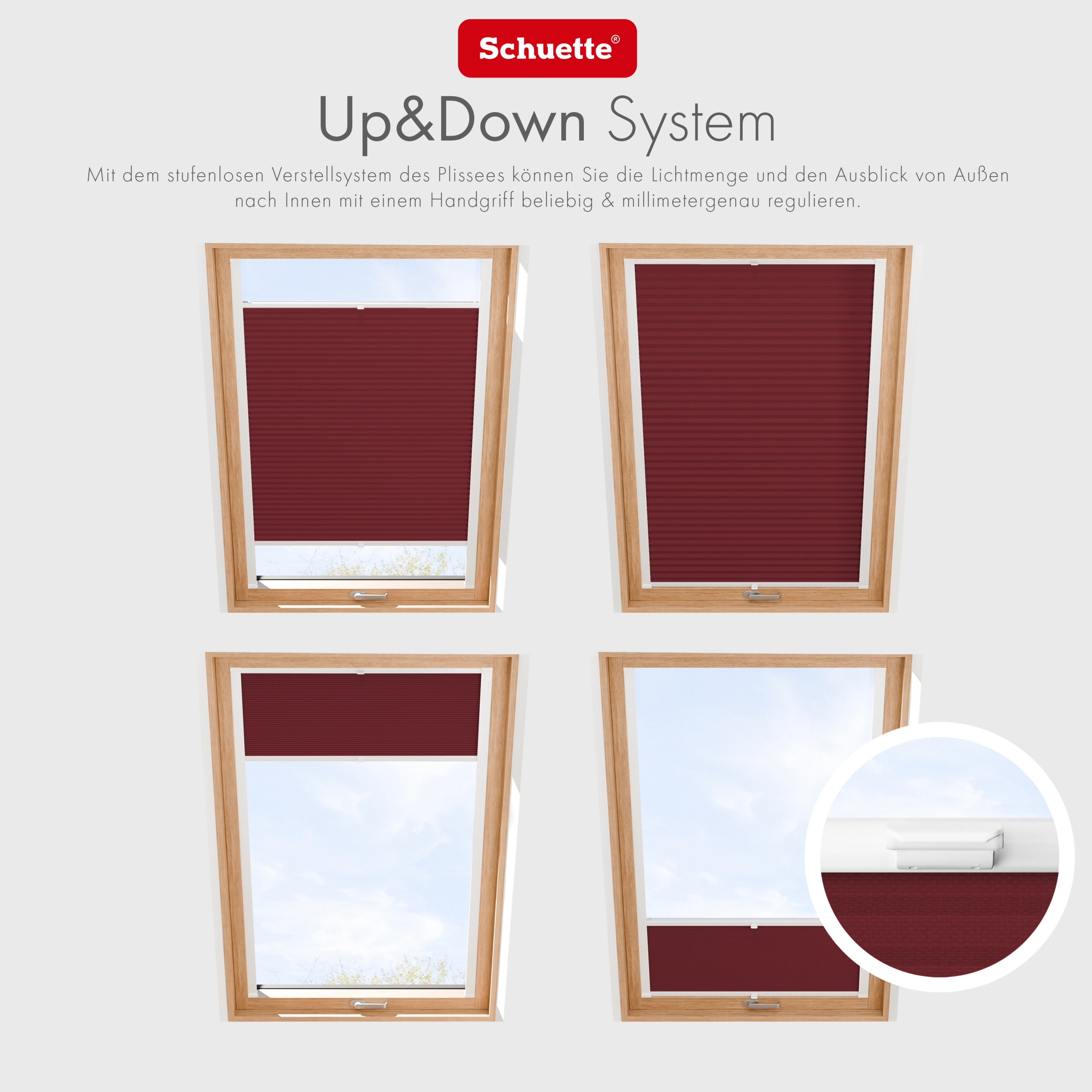 Schuette® Dachfenster Plissee nach Maß • Premium Kollektion: Ruby Riddle (Dunkelrot) • Profilfarbe: Weiß