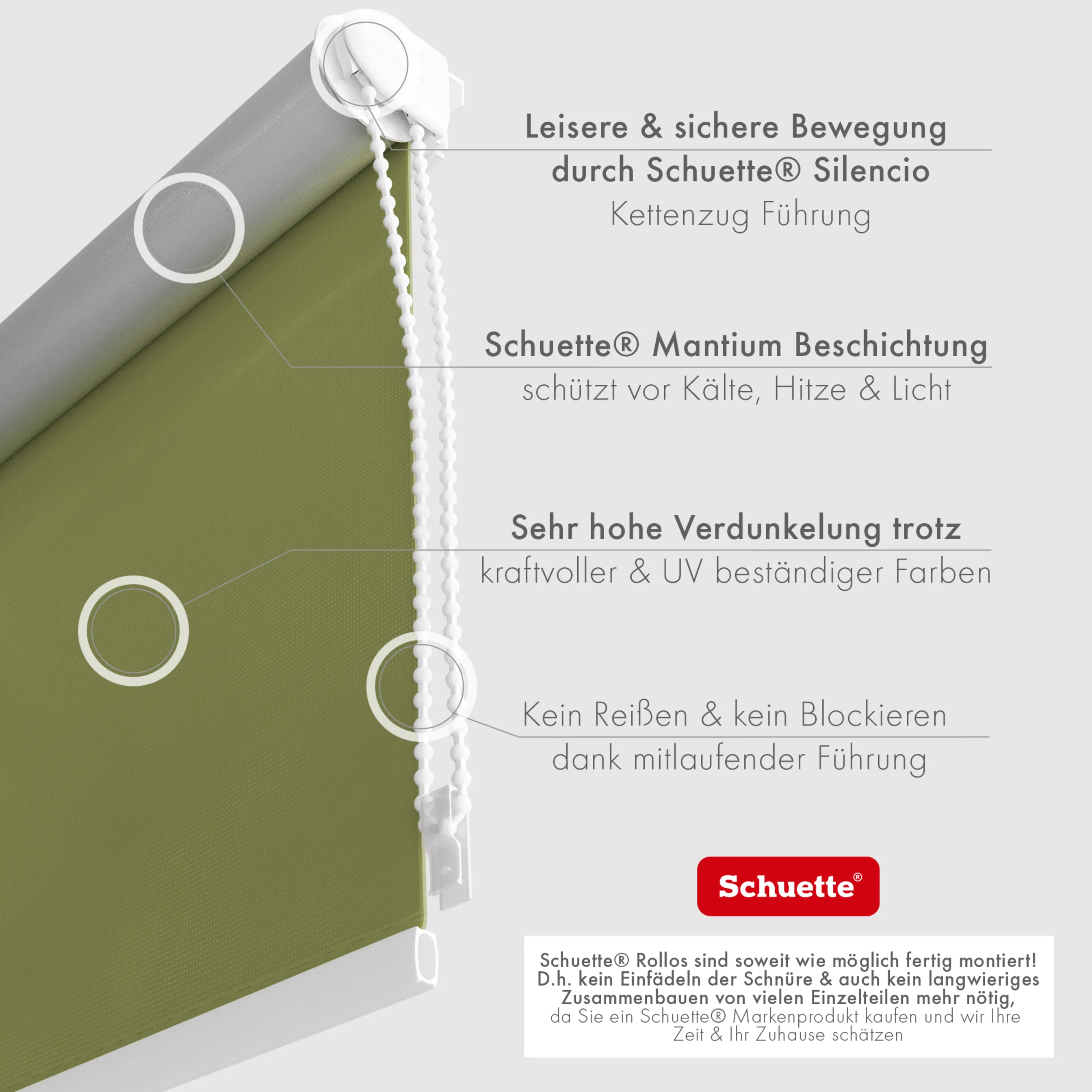 Schuette® Verdunkelungsrollo ohne Bohren & mit Bohren 2in1 nach Maß ● Kollektion Thermo Blackout: European Olive (Grün) ● Profilfarbe: Braun