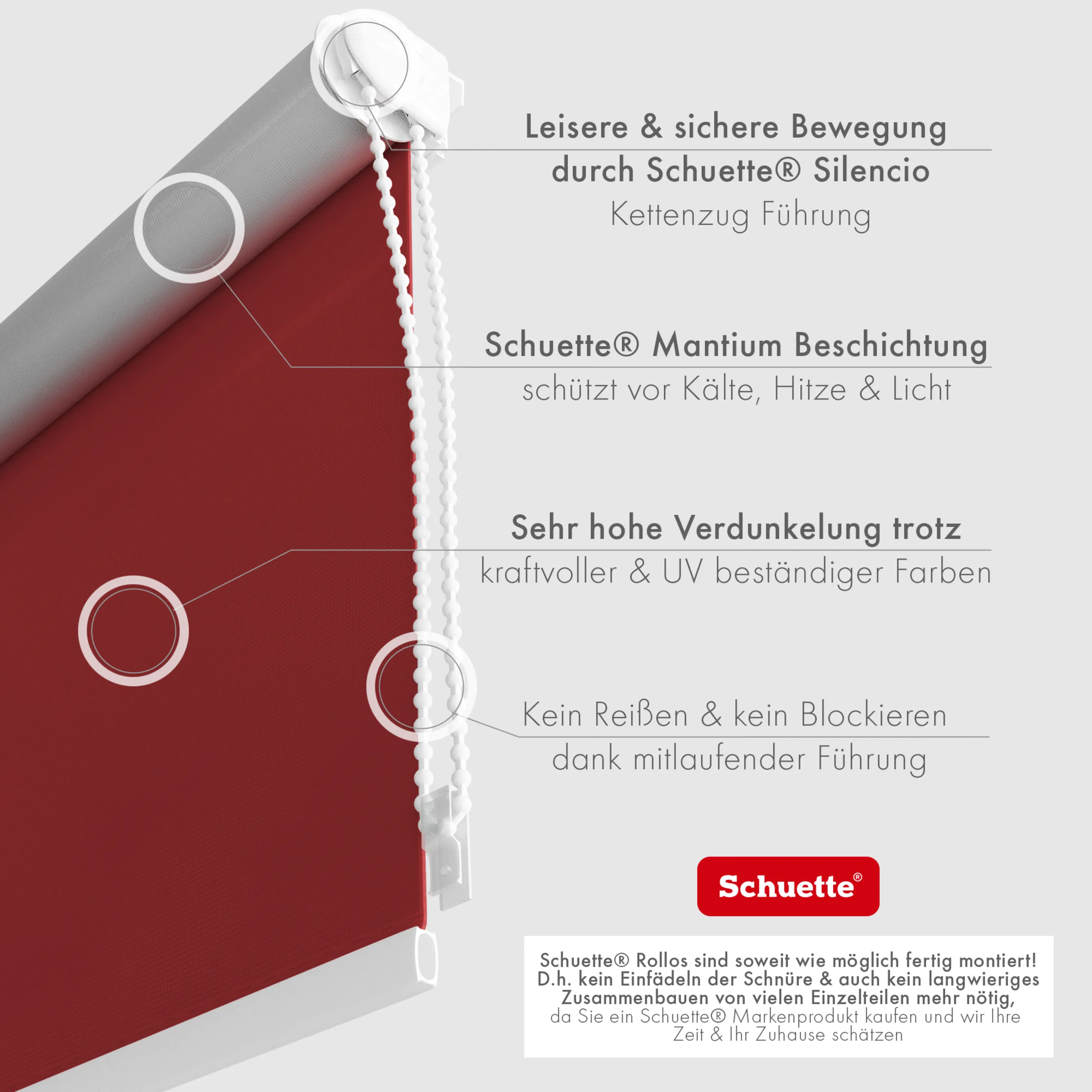 Schuette® Verdunkelungsrollo ohne Bohren & mit Bohren 2in1 nach Maß ● Kollektion Thermo Blackout: Candy Cherry (Rot) ● Profilfarbe: Grau