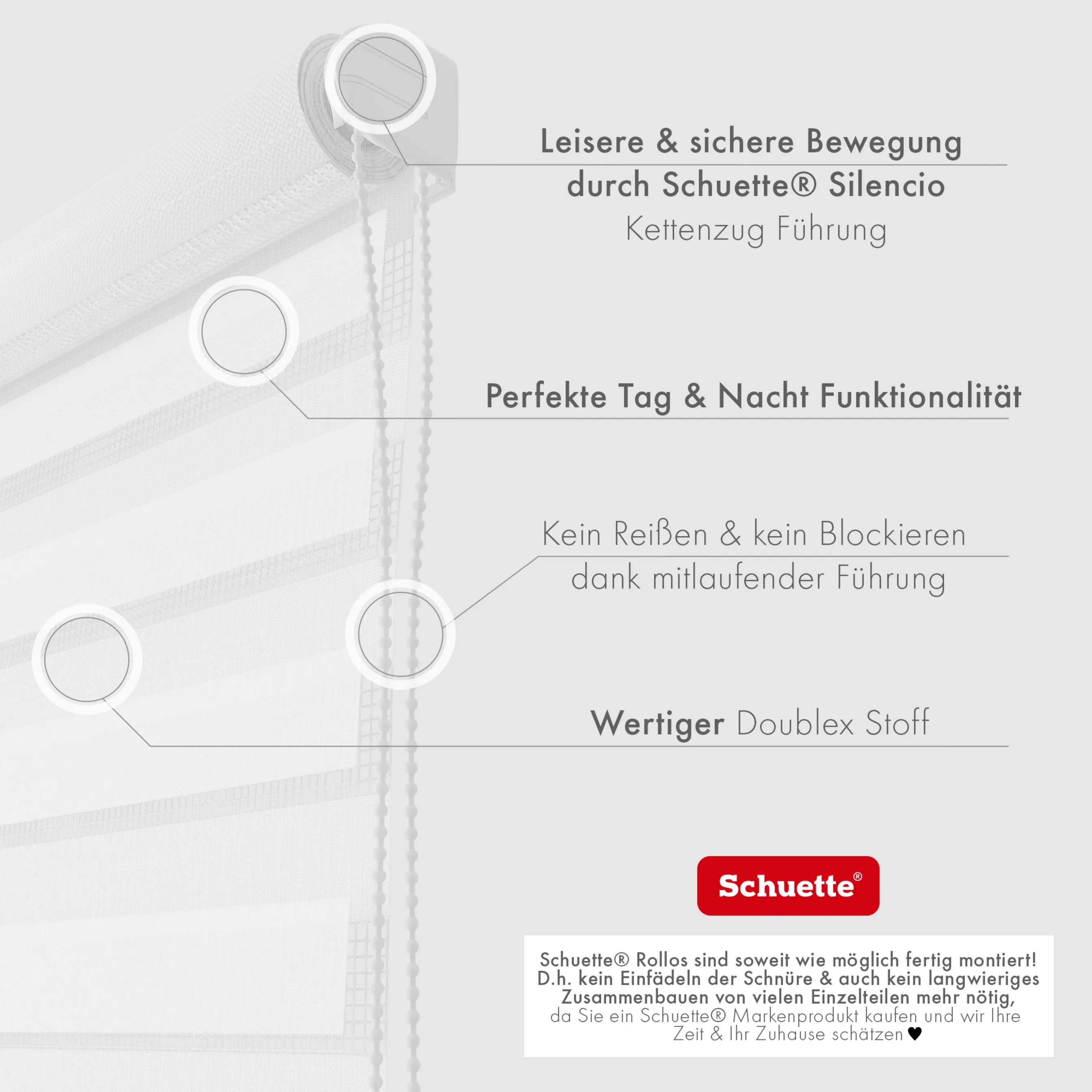 Schuette® Tag und Nacht Rollo ohne Bohren & mit Bohren 2in1 nach Maß • Doppelrollo Kollektion: White Snow (Weiß) • Profilfarbe: Grau