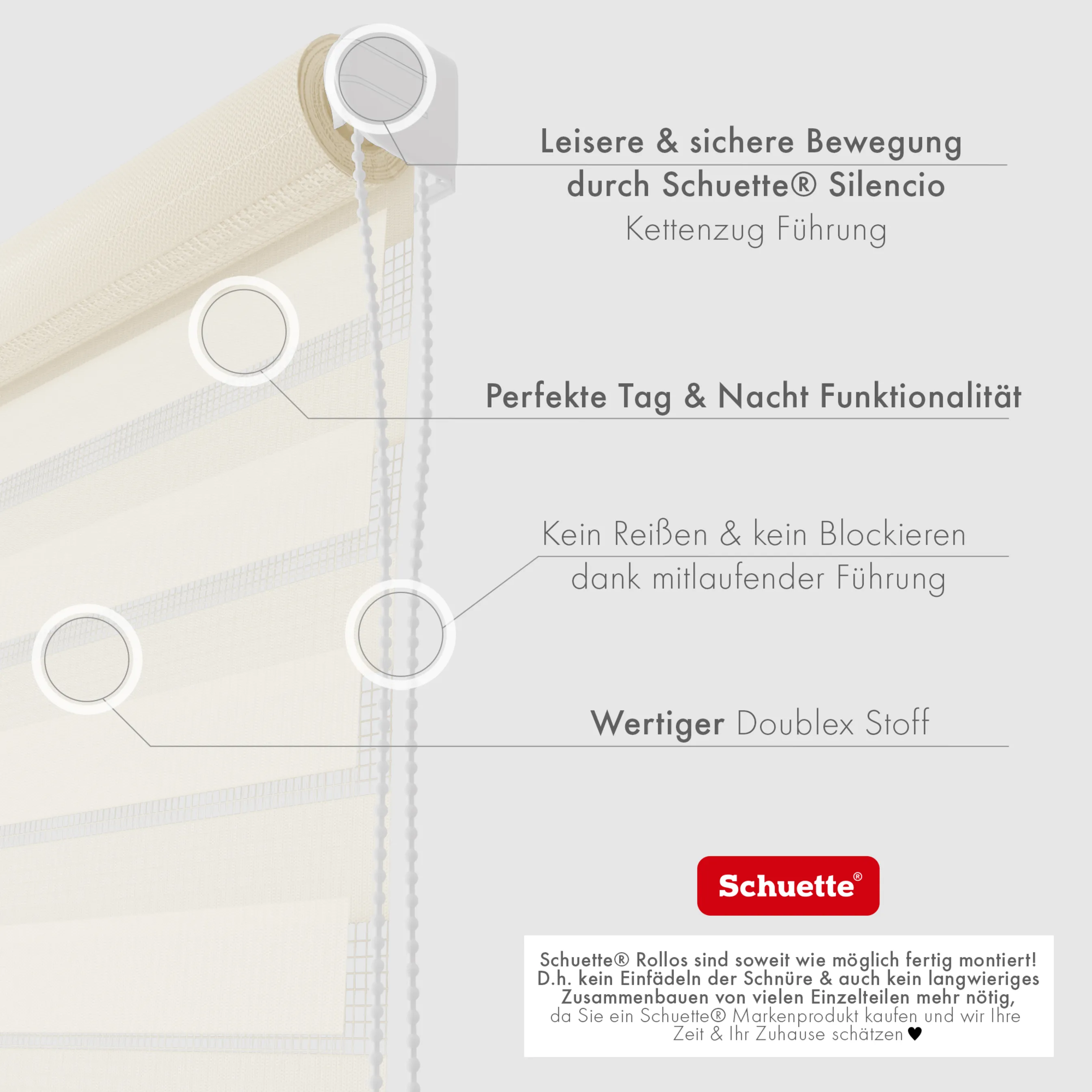 Schuette® Tag und Nacht Rollo ohne Bohren & mit Bohren 2in1 nach Maß • Doppelrollo Kollektion: Cream Cake (Beige) • Profilfarbe: Weiß