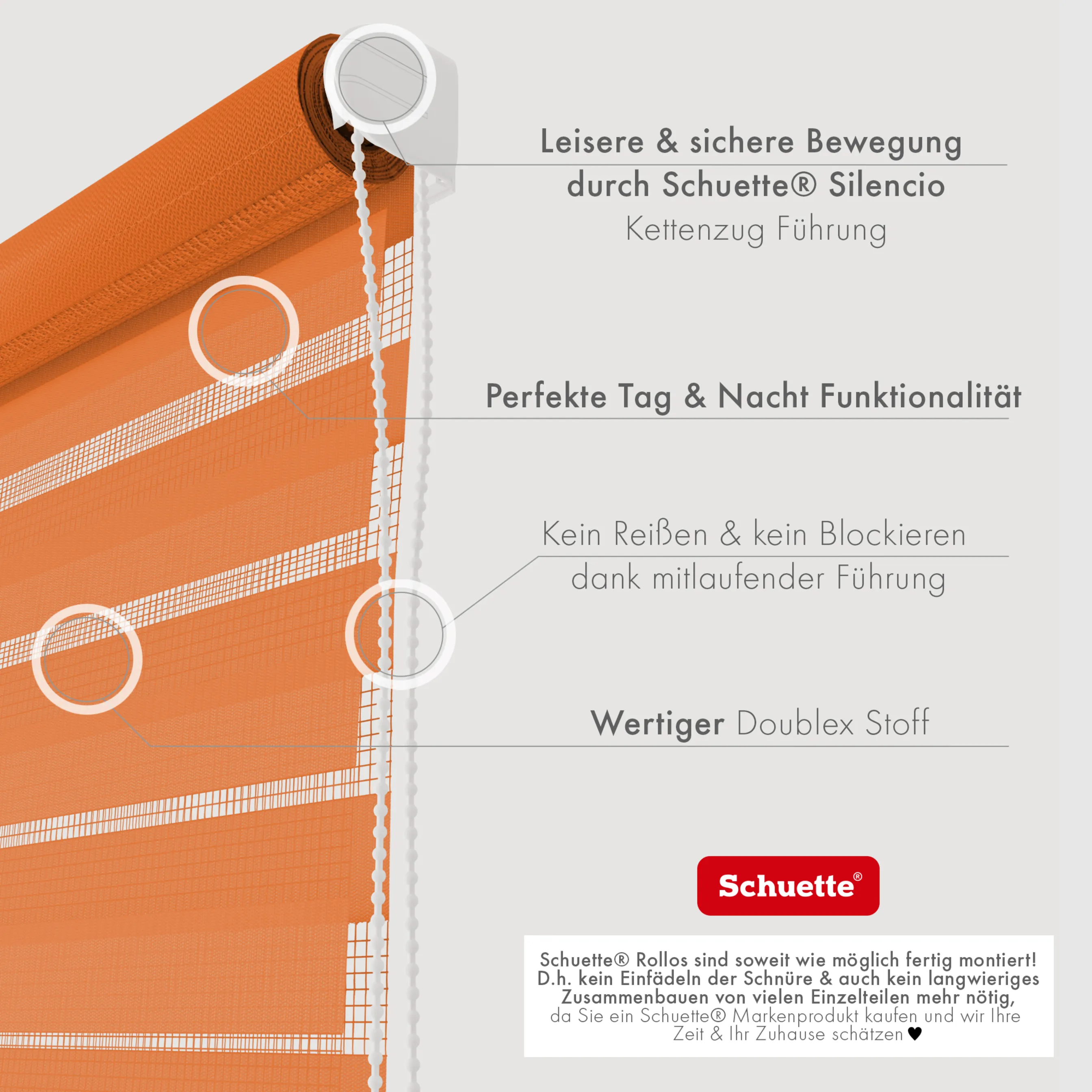 Schuette® Tag und Nacht Rollo ohne Bohren & mit Bohren 2in1 nach Maß • Doppelrollo Kollektion: Sweet Orange (Orange) • Profilfarbe: Grau