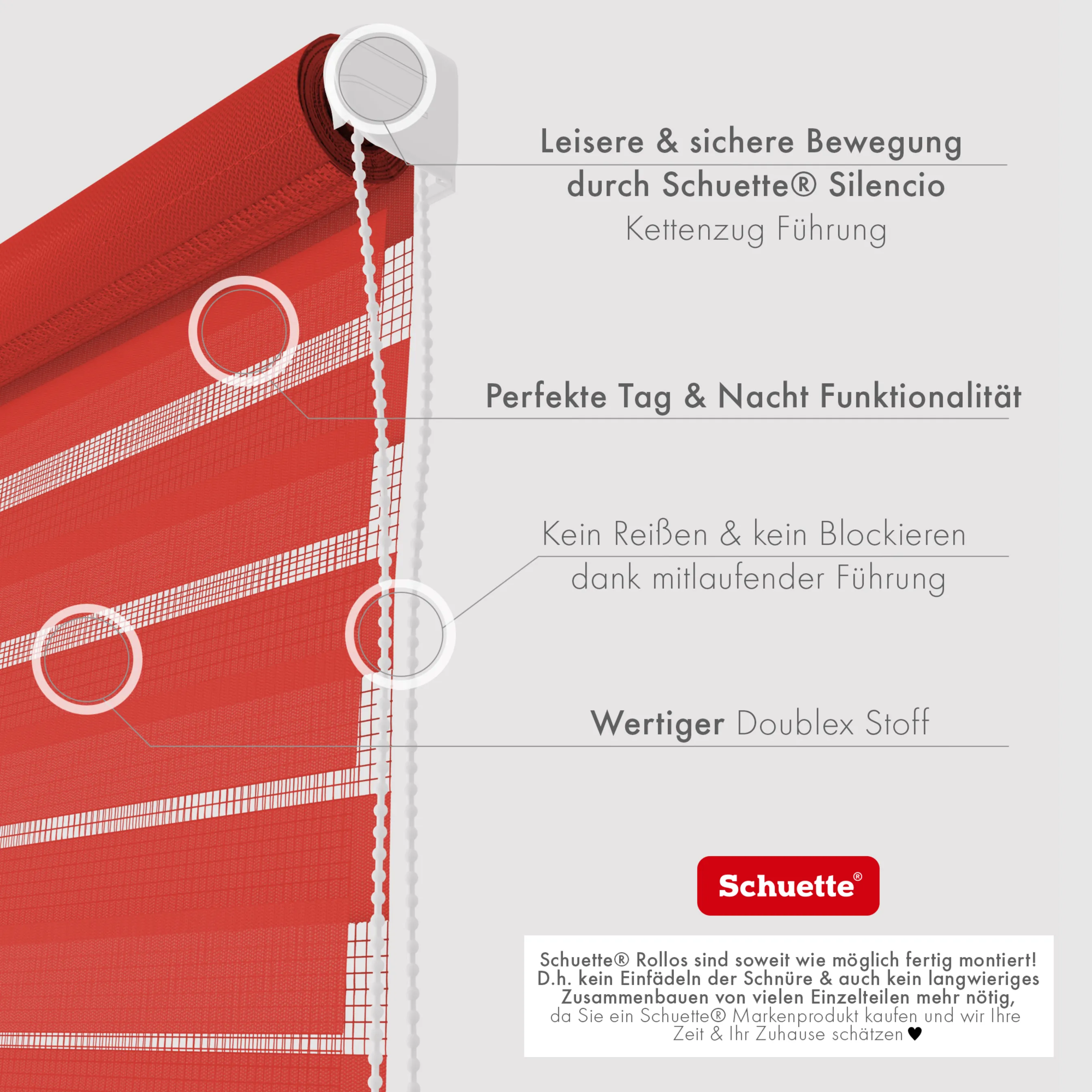 Schuette® Tag und Nacht Rollo ohne Bohren & mit Bohren 2in1 nach Maß • Doppelrollo Kollektion: Red Rose (Rot) • Profilfarbe: Braun