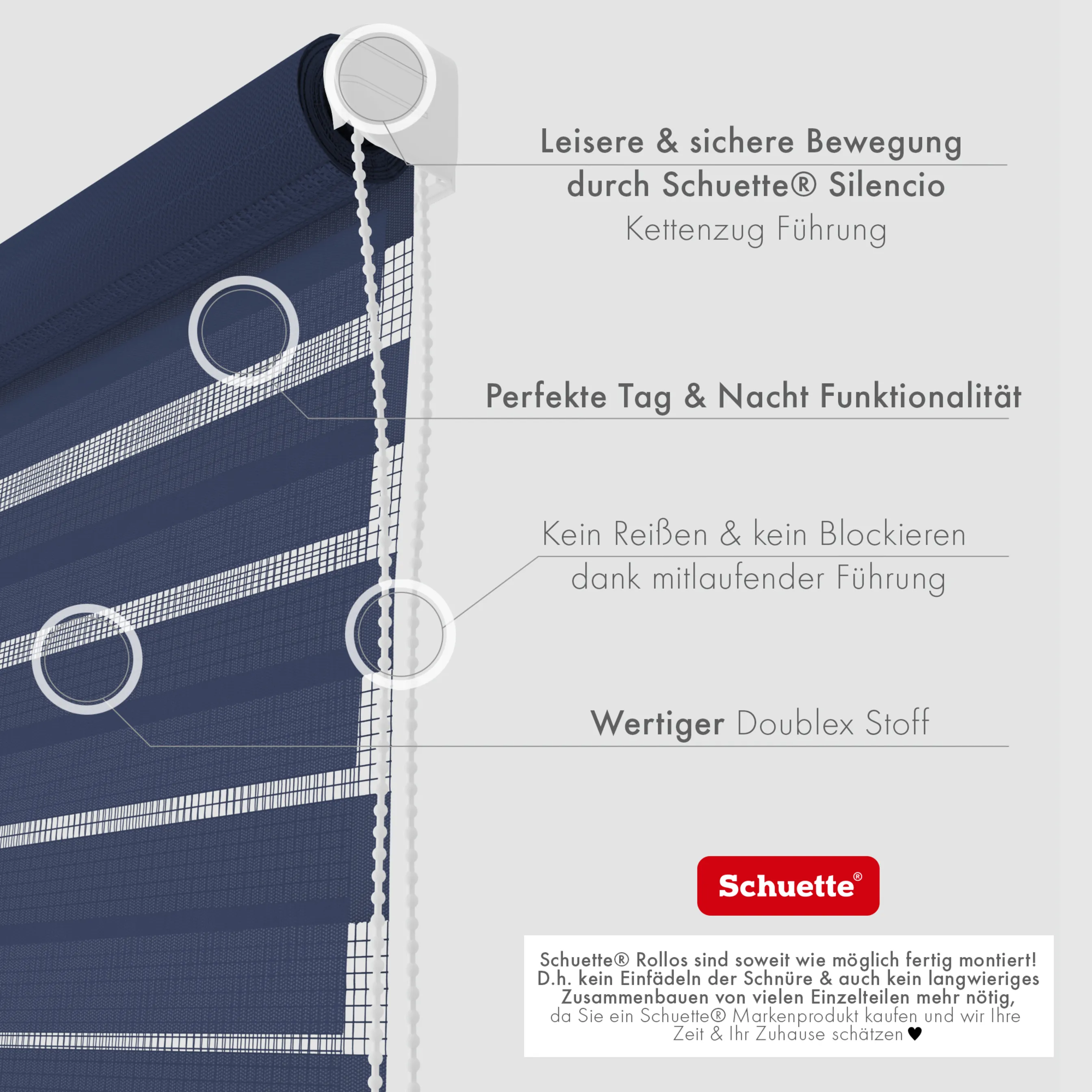 Schuette® Tag und Nacht Rollo ohne Bohren & mit Bohren 2in1 nach Maß • Doppelrollo Kollektion: Azure Coast (Dunkelblau) • Profilfarbe: Weiß
