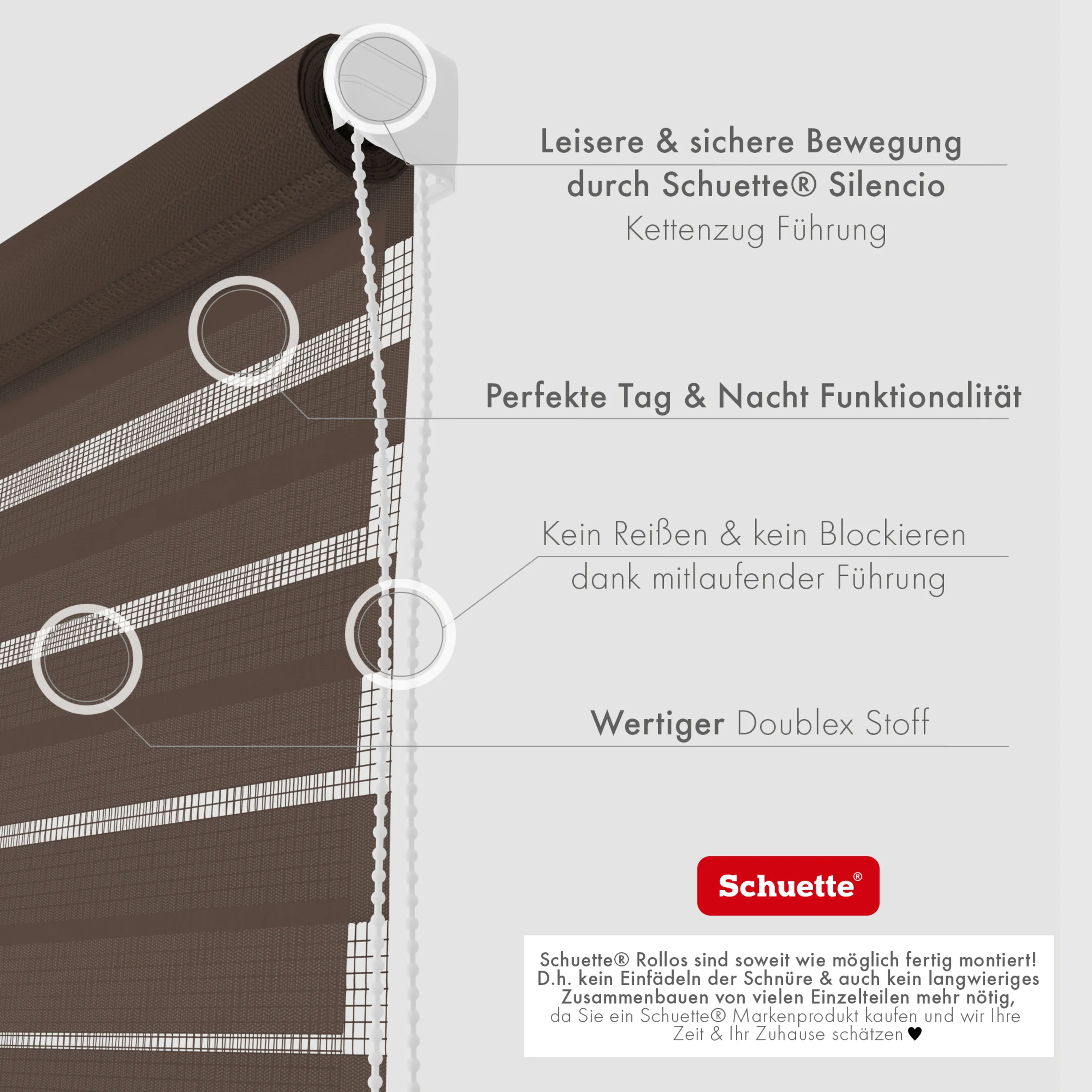 Schuette® Tag und Nacht Rollo ohne Bohren & mit Bohren 2in1 nach Maß • Doppelrollo Kollektion: Dark Cocoa (Braun) • Profilfarbe: Grau