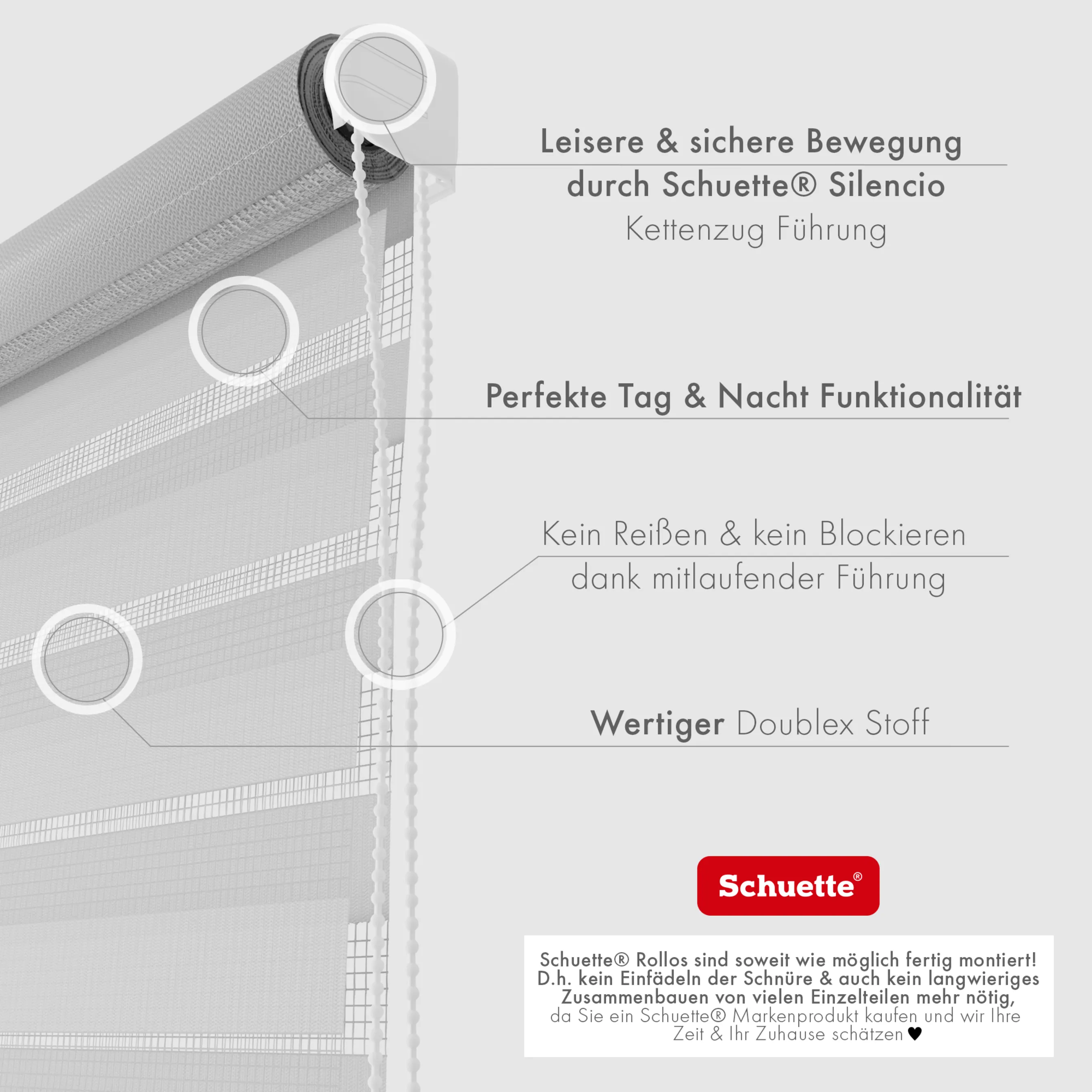 Schuette® Tag und Nacht Rollo ohne Bohren & mit Bohren 2in1 nach Maß • Doppelrollo Kollektion: Cloudy Day (Grau) • Profilfarbe: Weiß