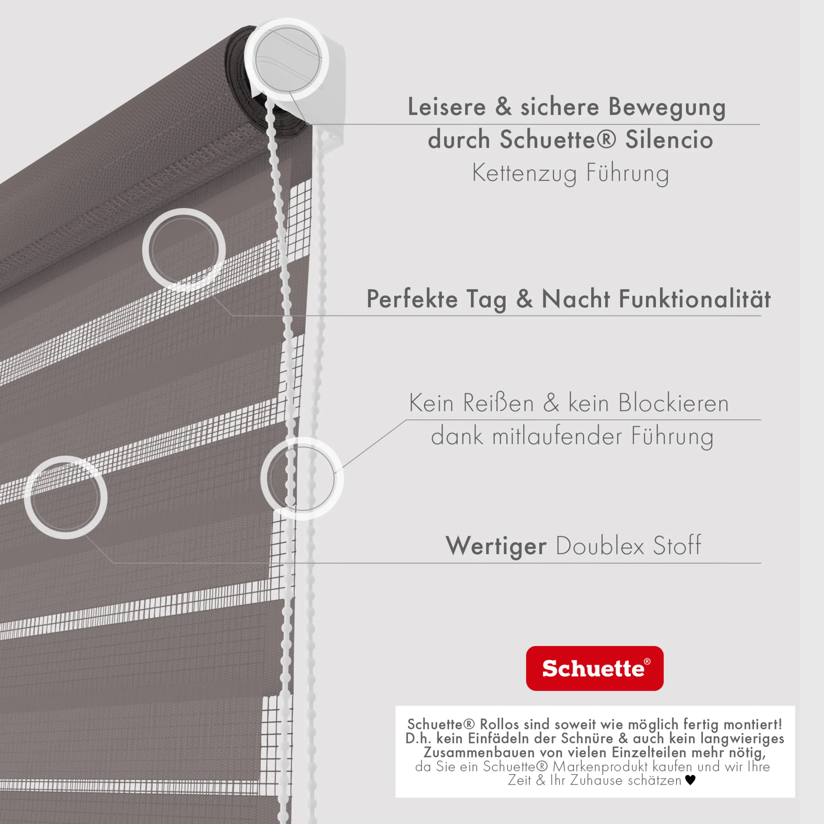 Schuette® Tag und Nacht Rollo ohne Bohren & mit Bohren 2in1 nach Maß • Doppelrollo Kollektion: Grey Lead (Grau) • Profilfarbe: Weiß
