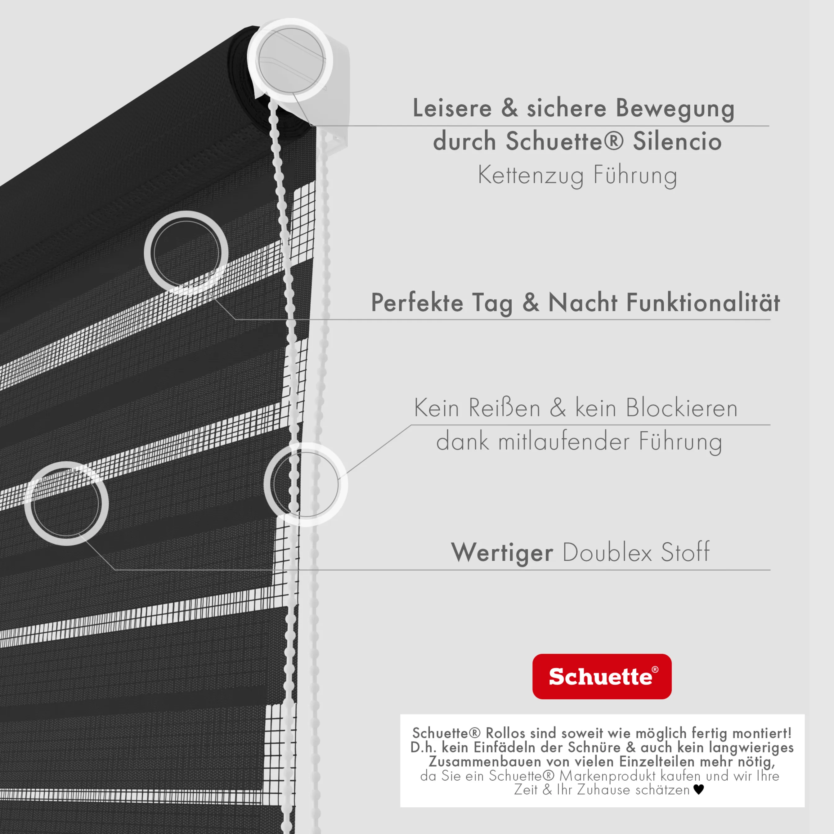 Schuette® Tag und Nacht Rollo ohne Bohren & mit Bohren 2in1 nach Maß • Doppelrollo Kollektion: Black Flag (Schwarz) • Profilfarbe: Weiß