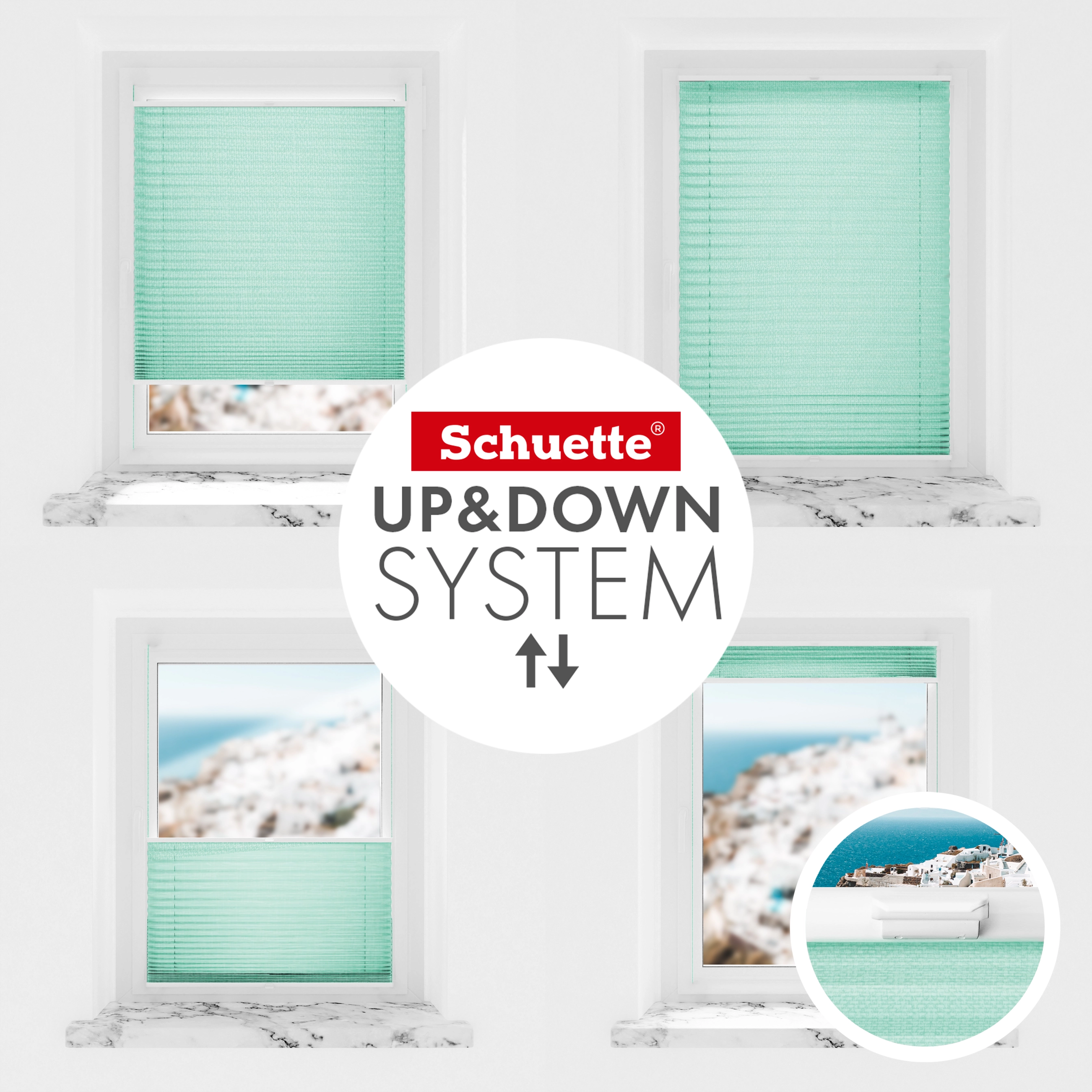 Schuette® Pleated Blind Made to Measure without Drilling • Suprafix Clamp holder “Incognito" Standard” • Melange Collection: Mint Ice Cream (Green) • Profile Colour: White