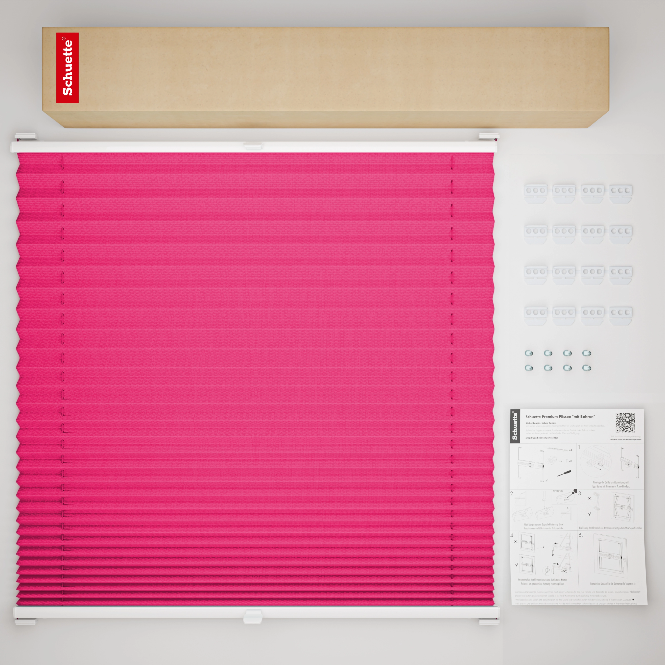 Schuette® Plissee mit Bohren nach Maß • Suprafix Halterungen “Mit Bohren” • Premium Kollektion: Queen Flower (Pink) • Profilfarbe: Anthrazit