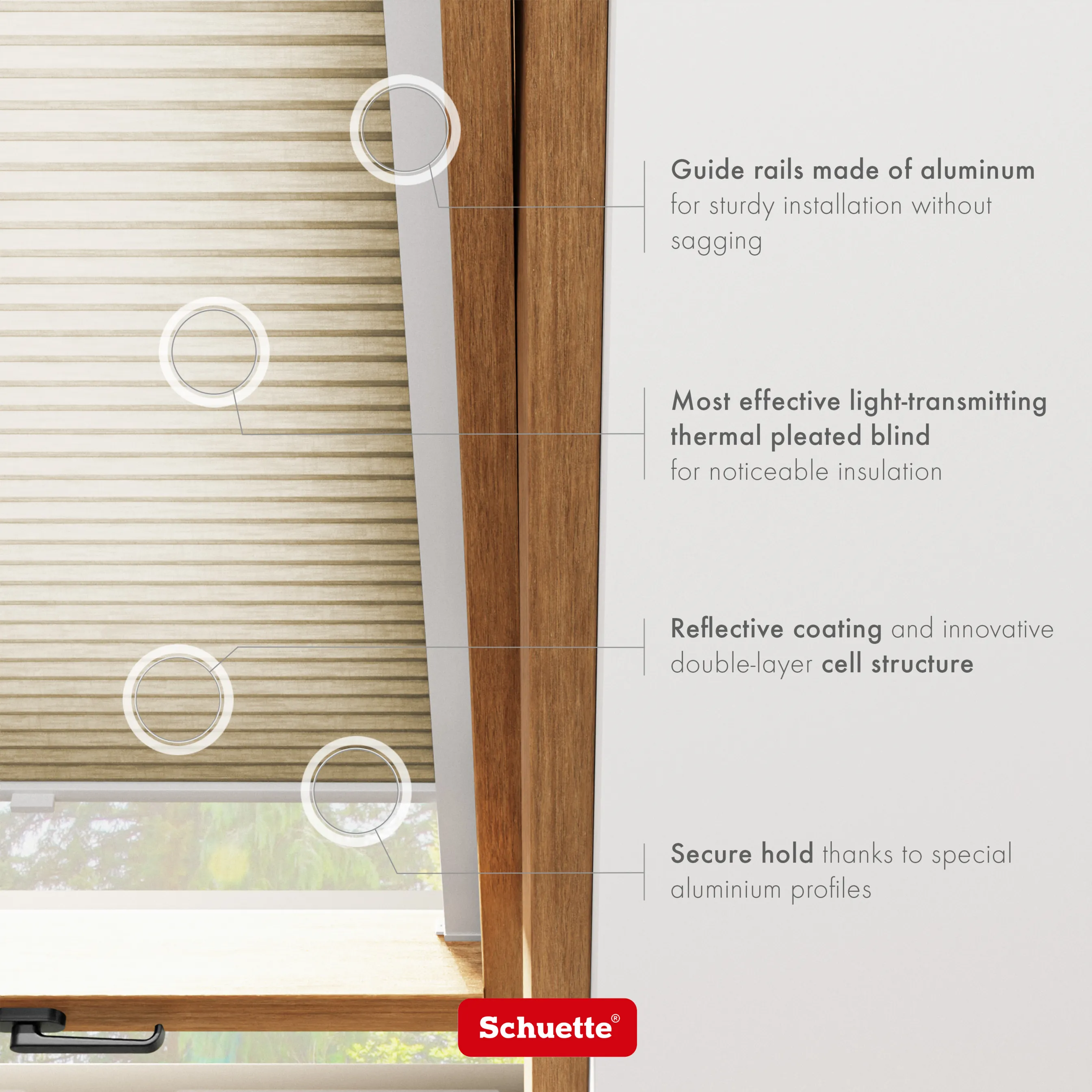 Schuette® Dachfenster Wabenplissee nach Maß • Thermo x Honey Kollektion: Latte Mood (Sandbeige) • Profilfarbe: Eiche