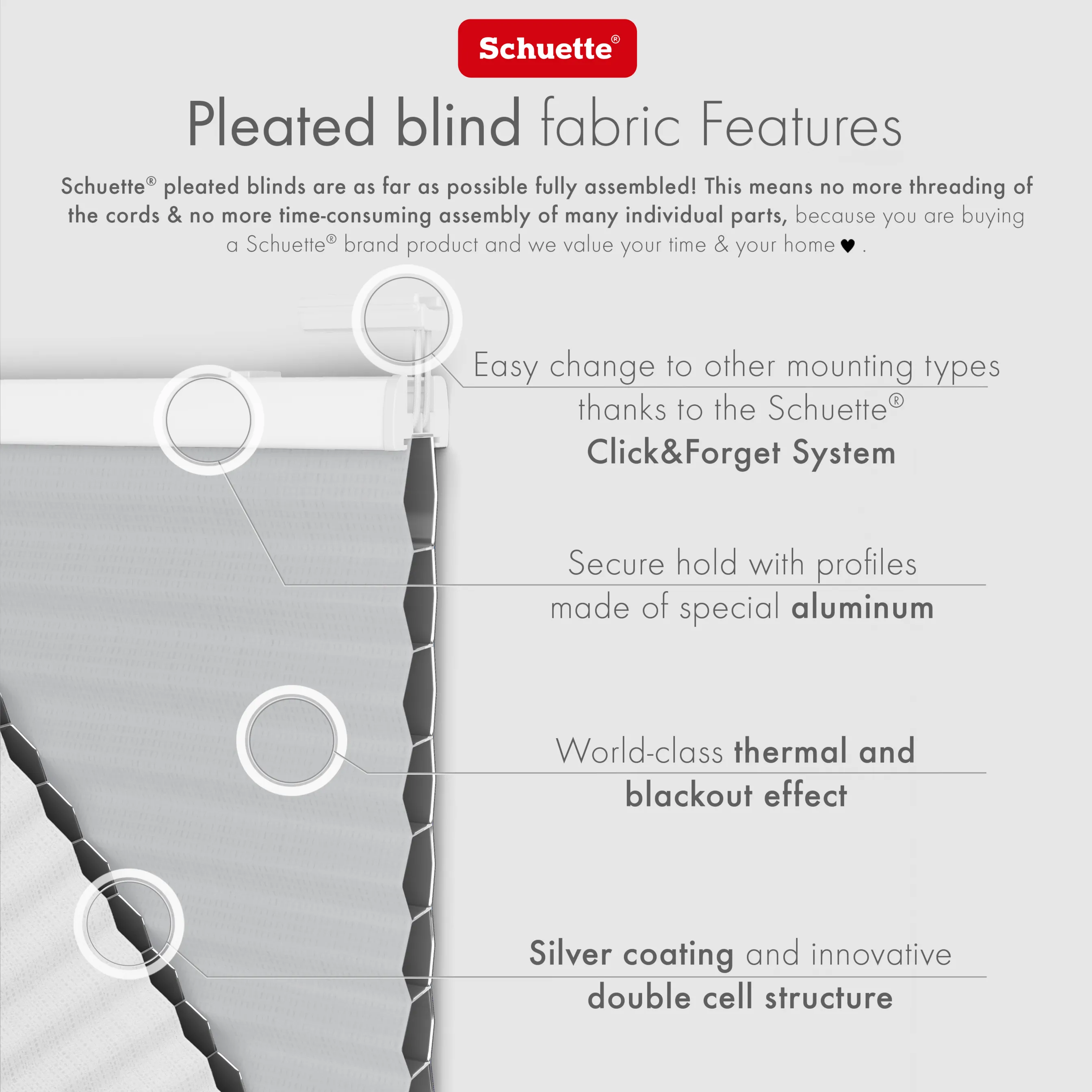 Schuette® Wabenplissee ohne Bohren nach Maß • Suprafix Klemmhalter “Incognito X" • Honey Kollektion: Skyfall (Hellgrau) • Profilfarbe: Eiche