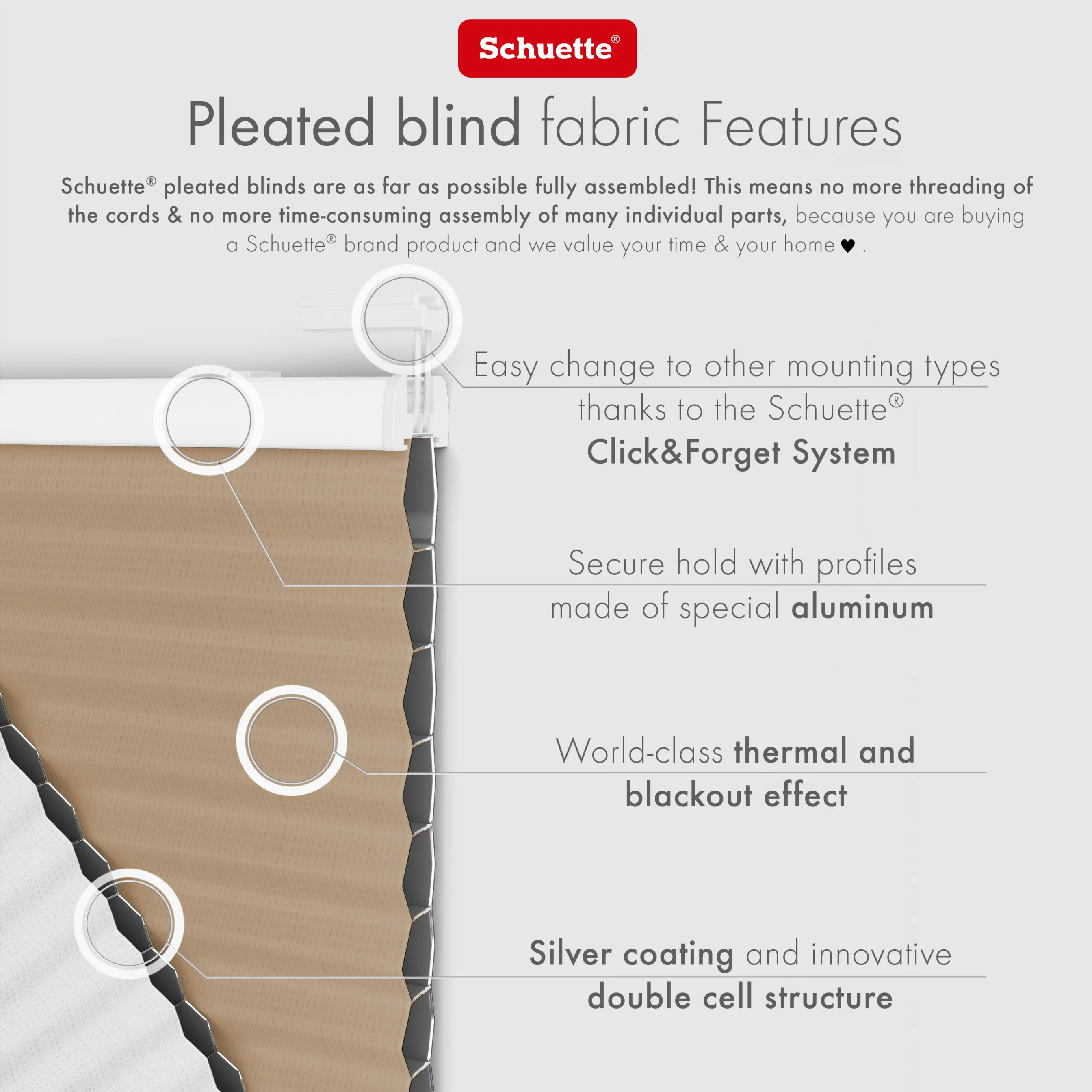Schuette® Wabenplissee mit Bohren nach Maß • Suprafix "Double 2in1" Schraub- & Klemmhalter• Honey Kollektion: Honeywood (Sand) • Profilfarbe: Walnuss
