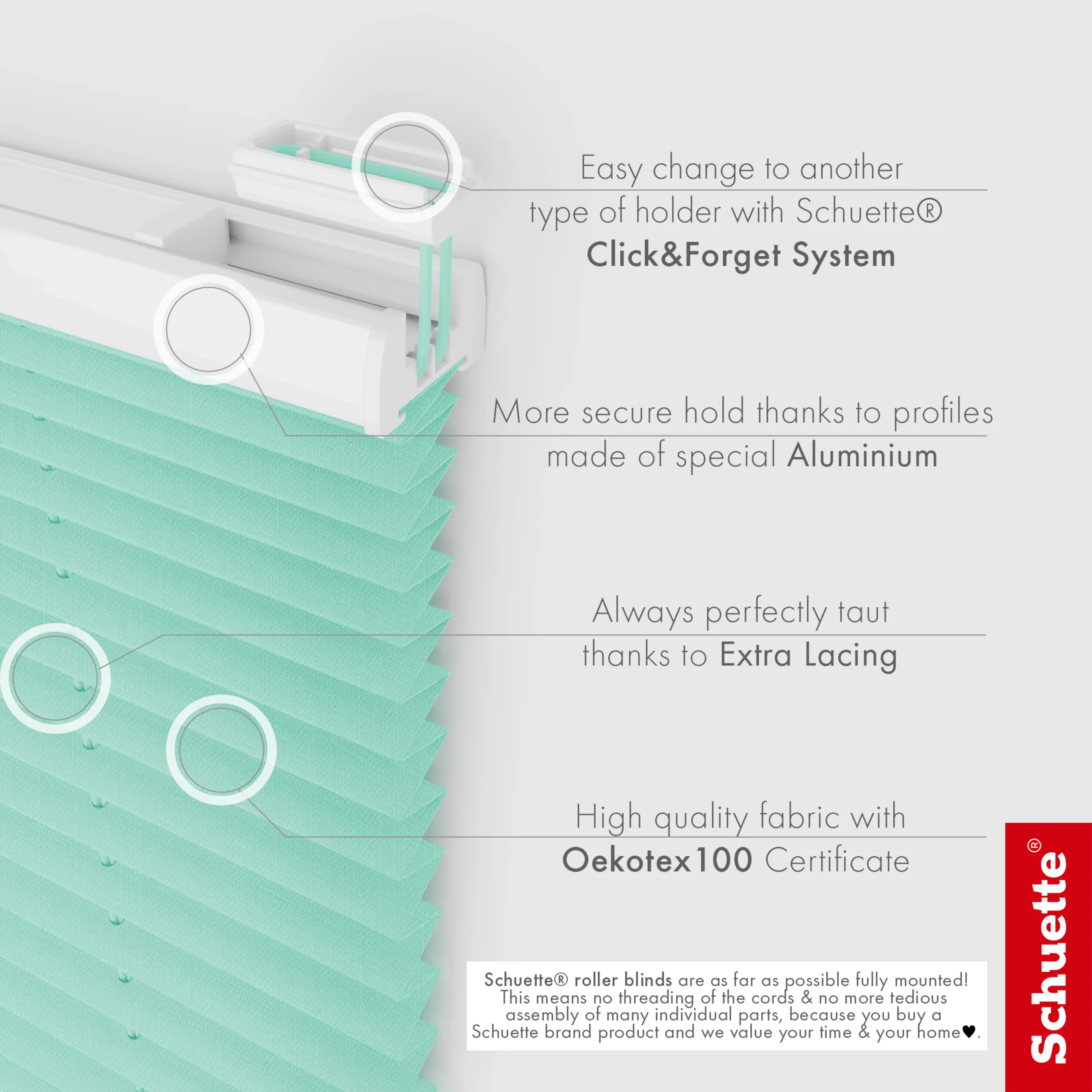 Schuette® Plissee ohne Bohren nach Maß • Suprafix Halterung “Zum Kleben” • Melange Kollektion: Mint Ice Cream (Grün) • Profilfarbe: Eiche