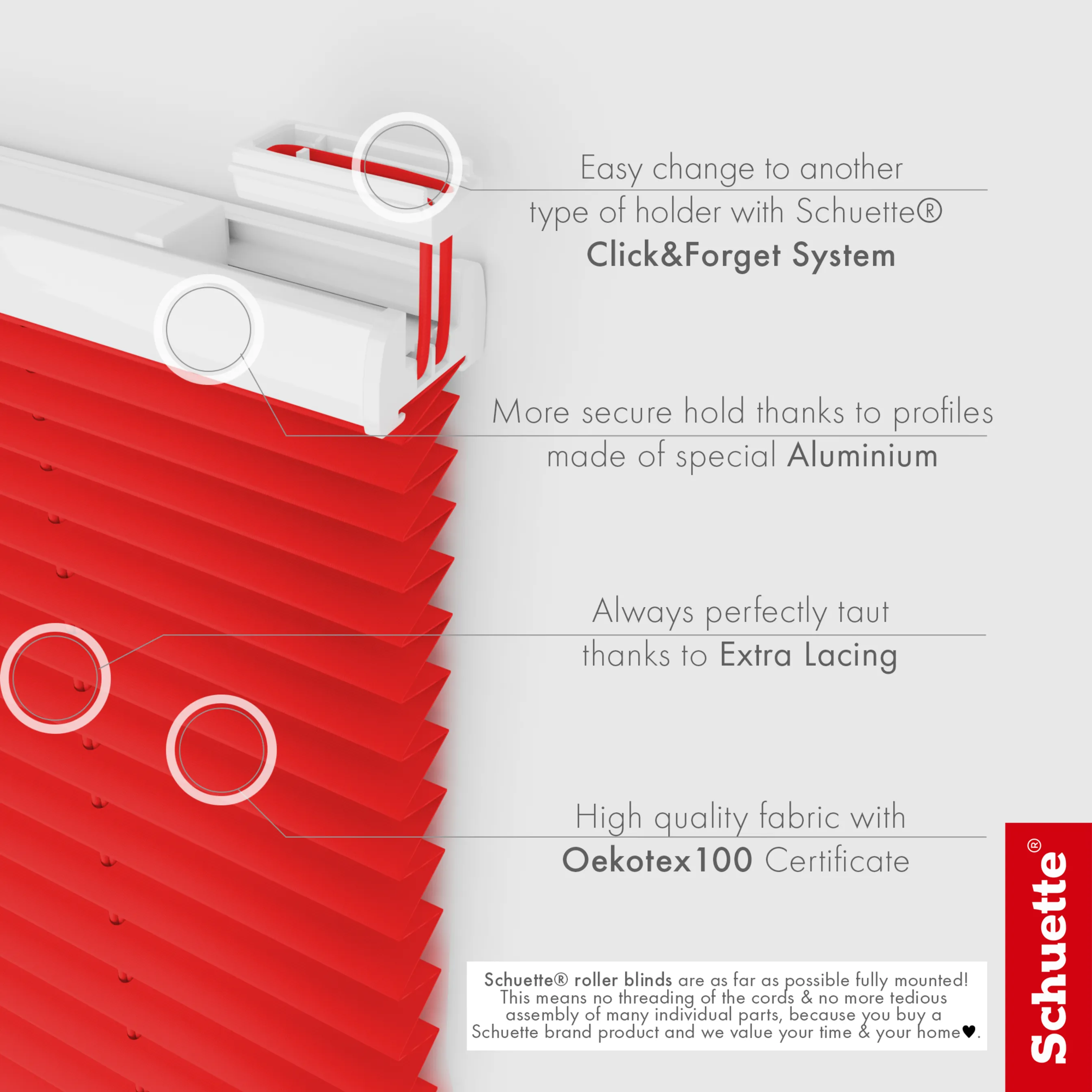 Schuette® Plissee ohne Bohren nach Maß • Suprafix Klemmhalter “Incognito X" • Premium Kollektion: Geisha's Lips (Rot) • Profilfarbe: Eiche
