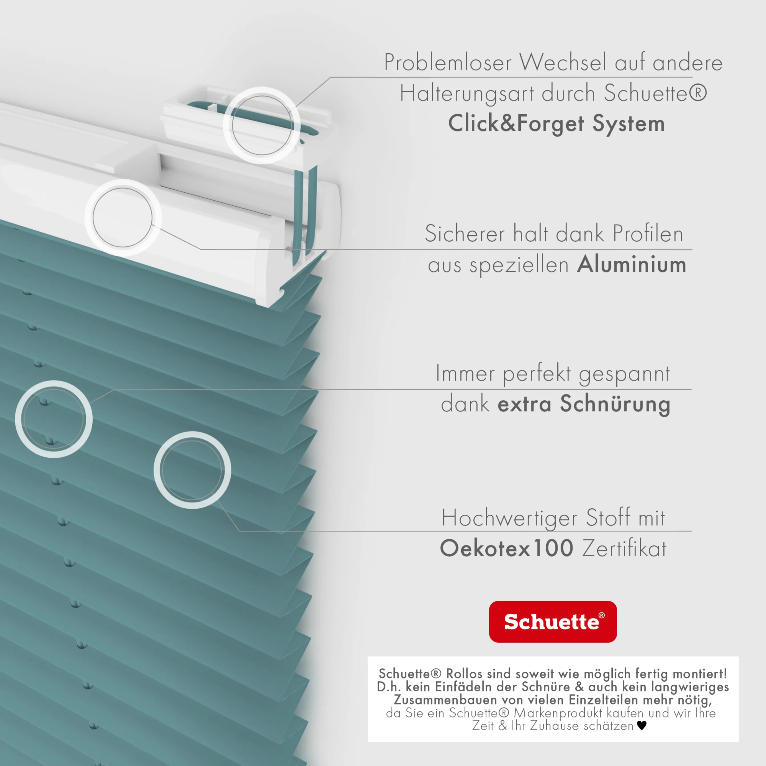Schuette® Plissee mit Bohren nach Maß • Suprafix "Double 2in1" Schraub- & Klemmhalter • Premium Kollektion: Cove Calm (Taubenblau) • Profilfarbe: Eiche