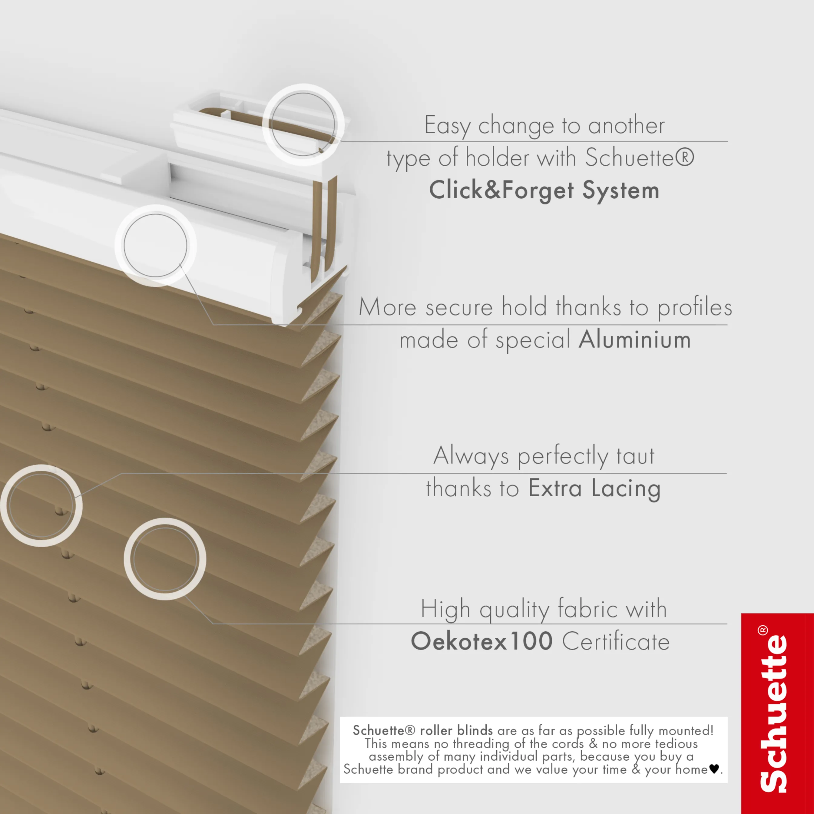 Schuette® Dachfenster Plissee nach Maß • Thermo Kollektion: Mocha Dream (Hellbraun) • Profilfarbe: Silber