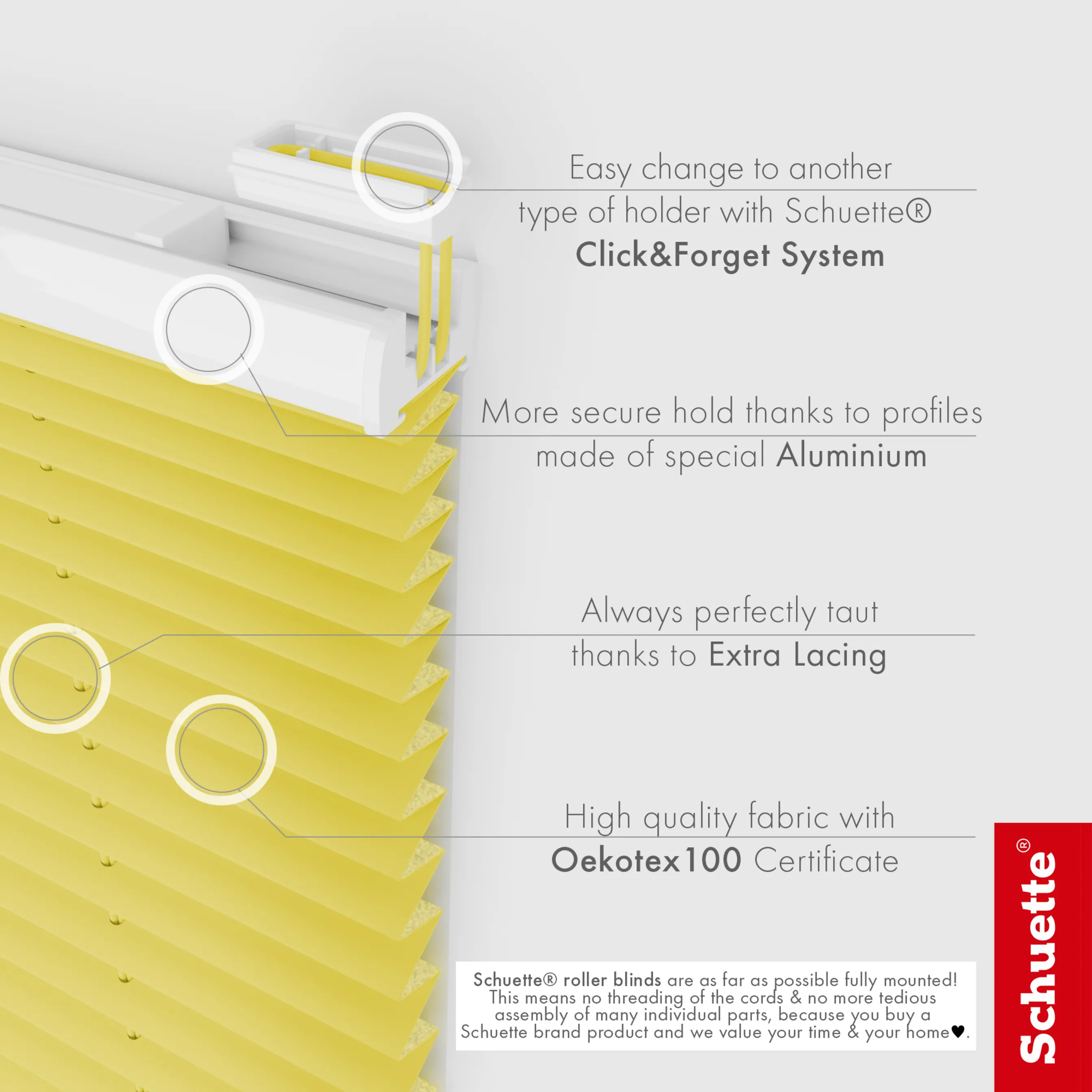 Schuette® Plissee mit Bohren nach Maß • Suprafix "Double 2in1" Schraub- & Klemmhalter • Thermo Kollektion: Sunflower (Gelb) • Profilfarbe: Braun