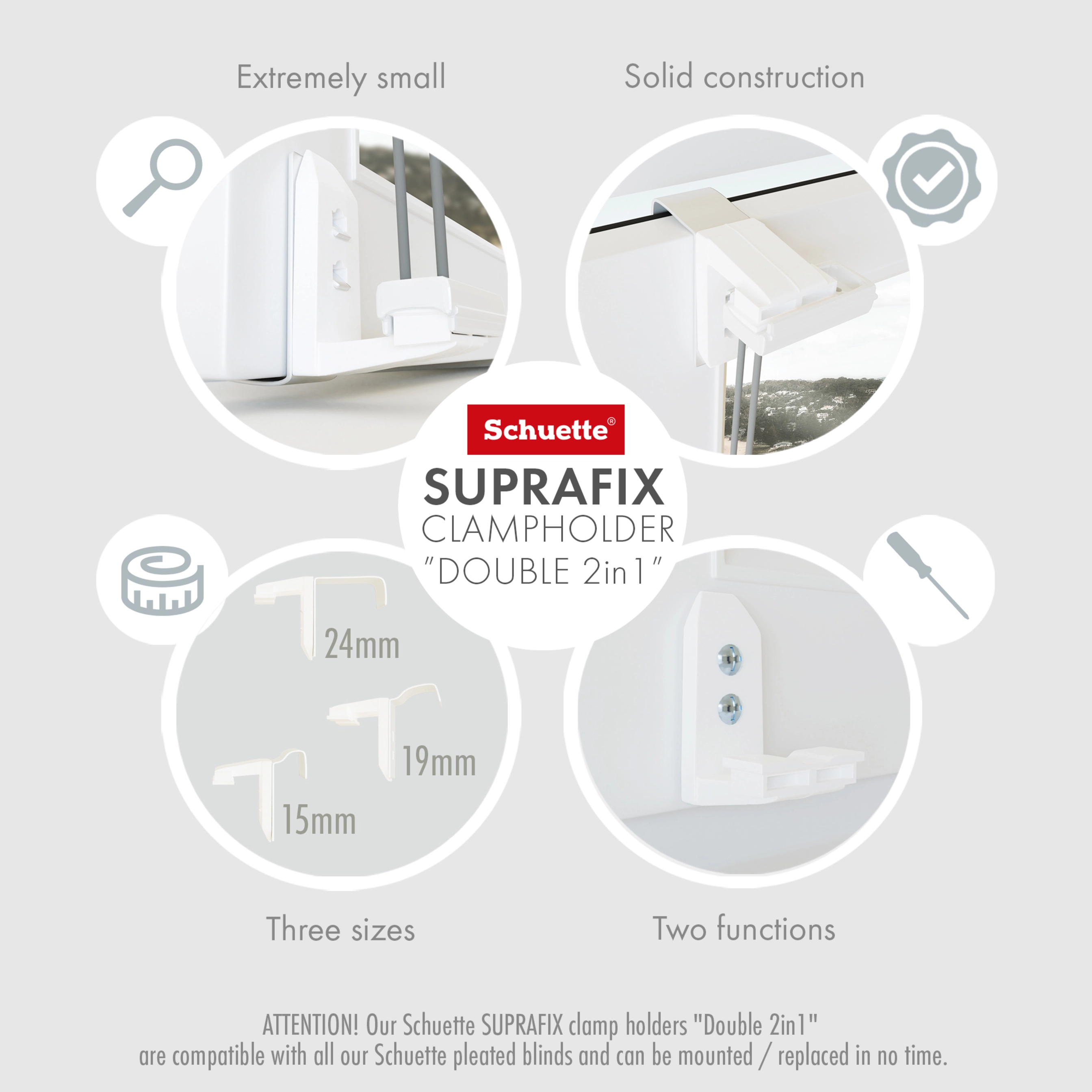 Schuette® Pleated blind without drilling made-to-measure • Suprafix Clamp holder “Double 2in1” • Premium Collection: White Day (White) • Profile color: White