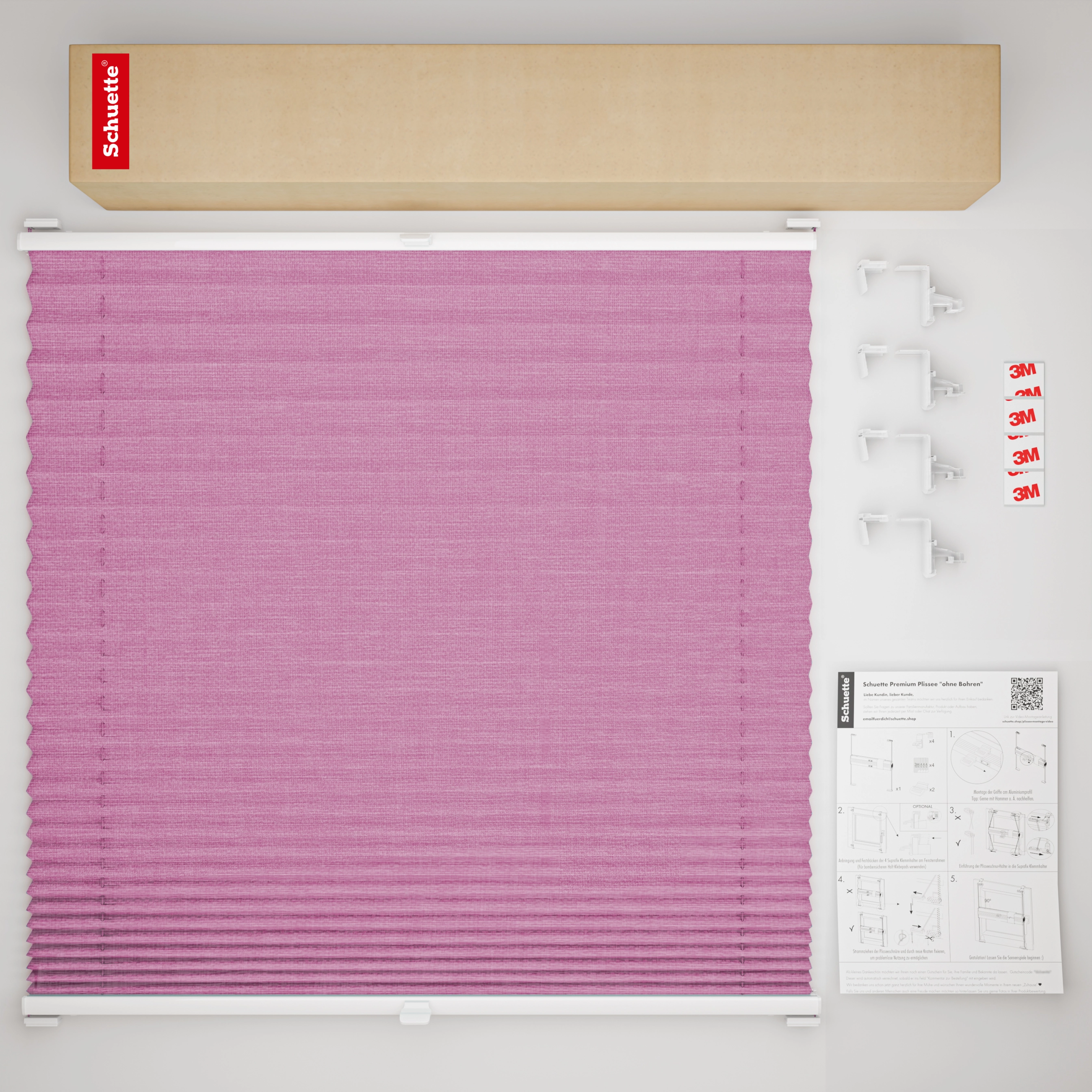 Schuette® Pleated Blind Made to Measure without Drilling • Suprafix Clamp holder “Incognito" Standard” • Melange Collection: Magic Pink (Pink) • Profile Colour: White