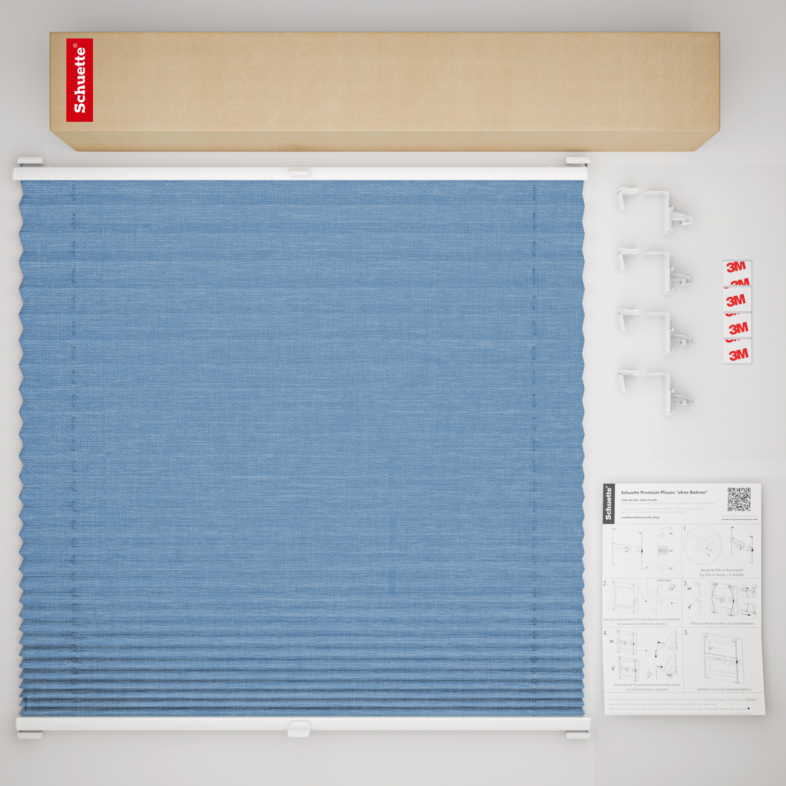 Schuette® Pleated Blind Made to Measure without Drilling • Suprafix Clamp holder “Incognito" Standard” • Melange Collection: Deep Sea (Blue) • Profile Colour: White
