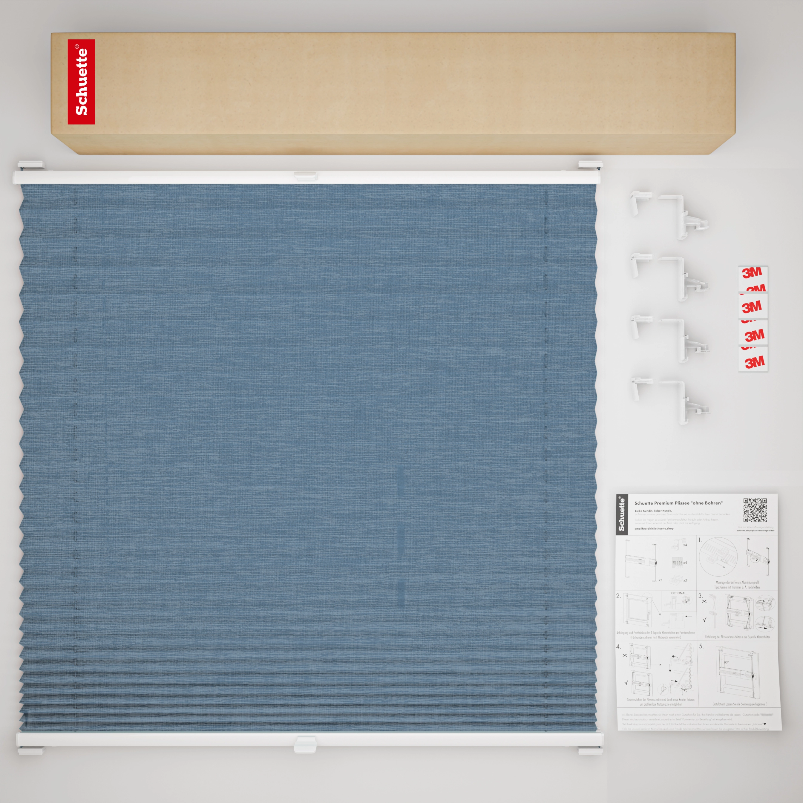 Schuette® Pleated Blind Made to Measure without Drilling • Suprafix Clamp holder “Incognito" Standard” • Melange Collection: After Rain (Blue) • Profile Colour: White