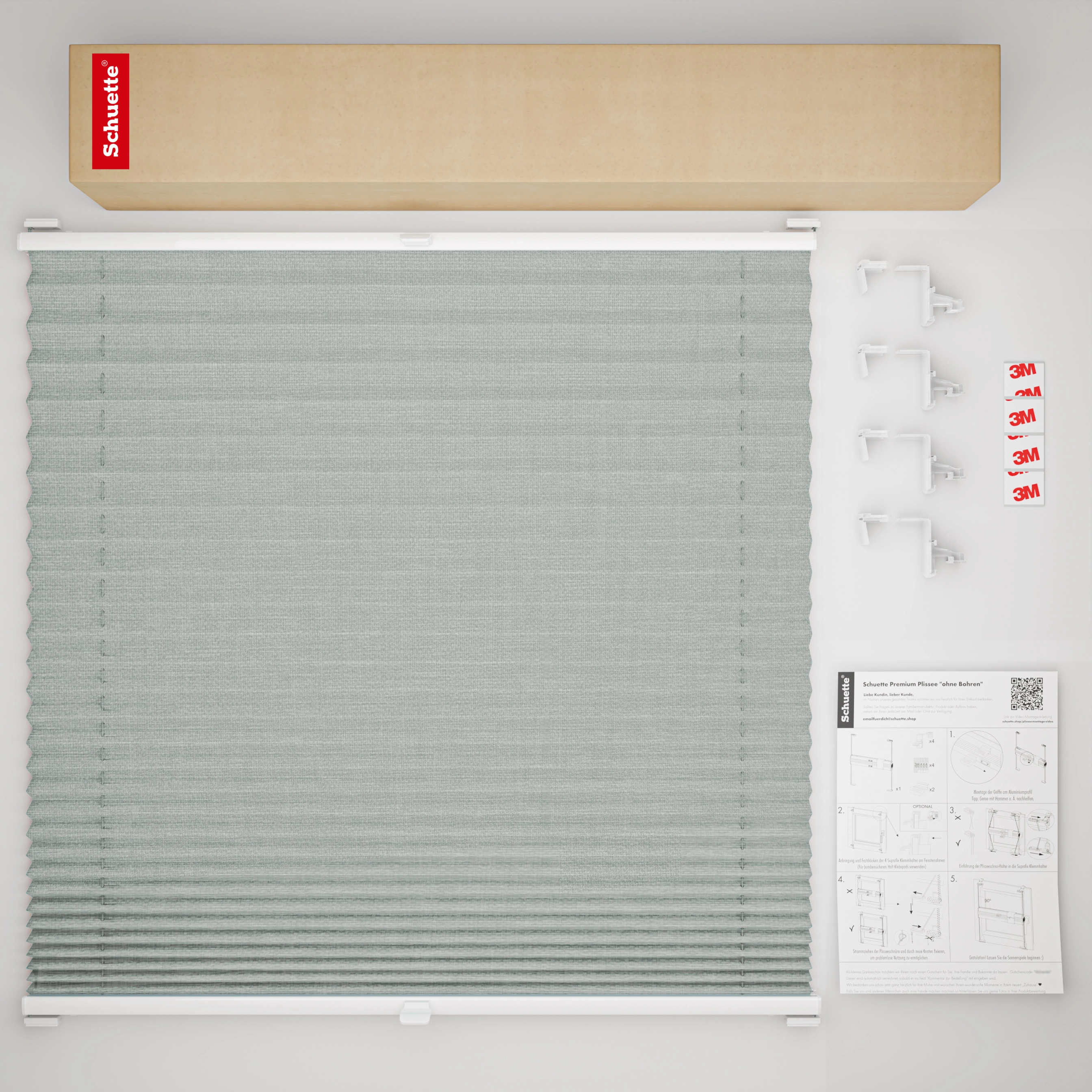 Schuette® Pleated Blind Made to Measure without Drilling • Suprafix Clamp holder “Incognito" Standard” • Melange Collection: On The Road (Grey) • Profile Colour: White