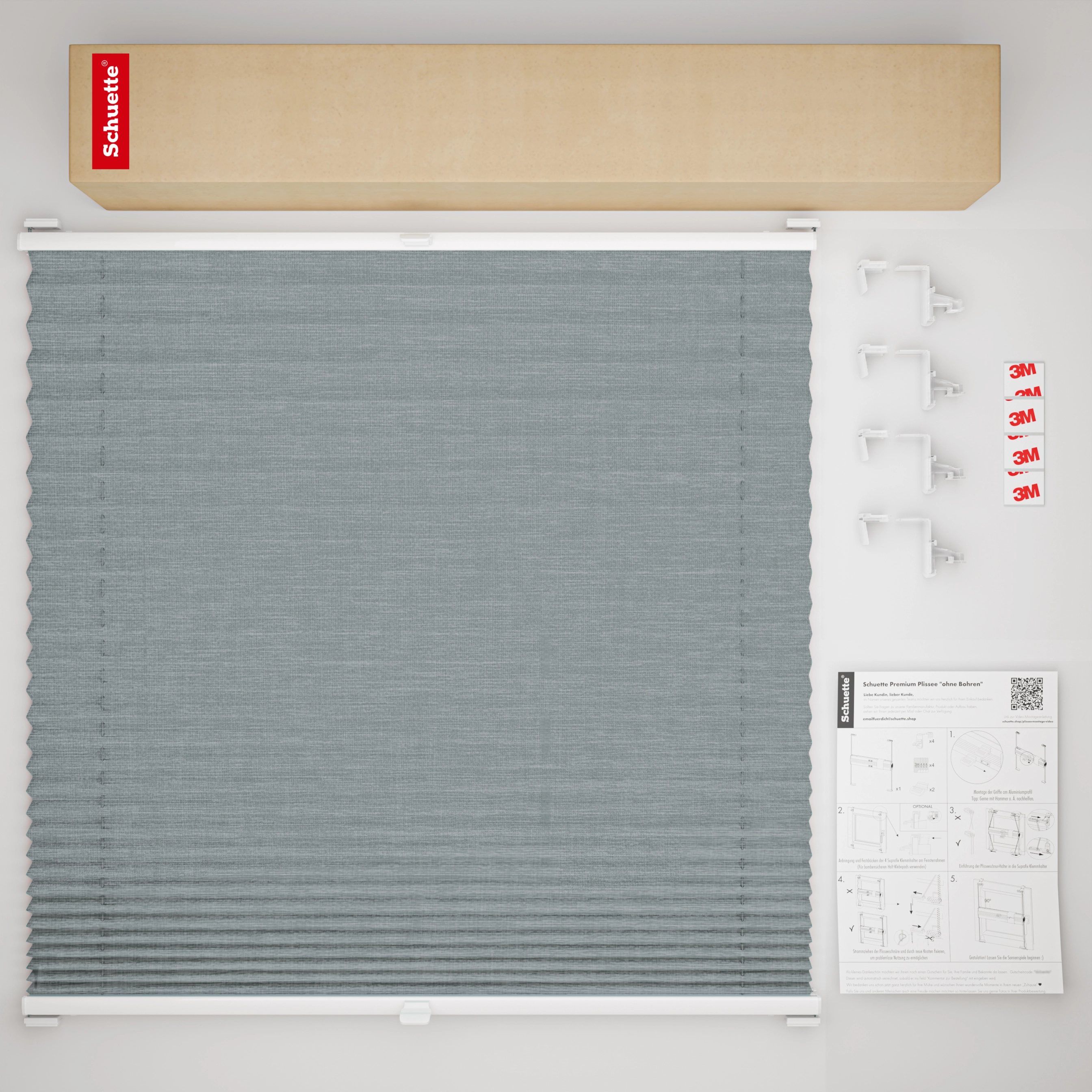 Schuette® Pleated Blind Made to Measure without Drilling • Suprafix Clamp holder “Incognito" Standard” • Melange Collection: Rocky Mountain (Grey) • Profile Colour: White