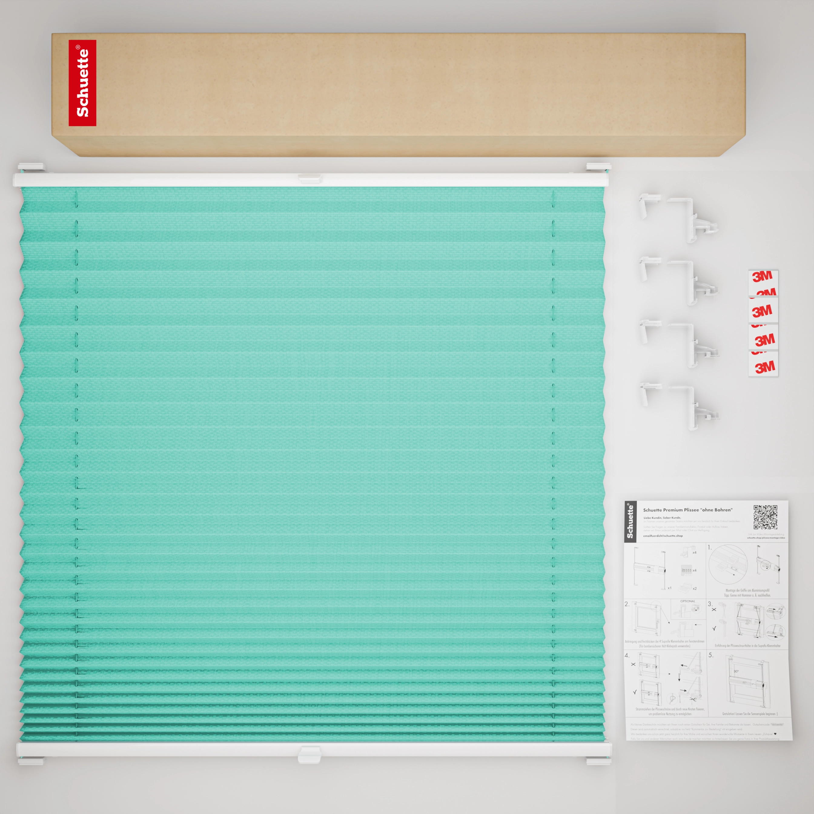 Schuette® Pleated Blind Made to Measure without Drilling • Premium Collection: Blue Ocean (Turquoise) • Profile Color: White