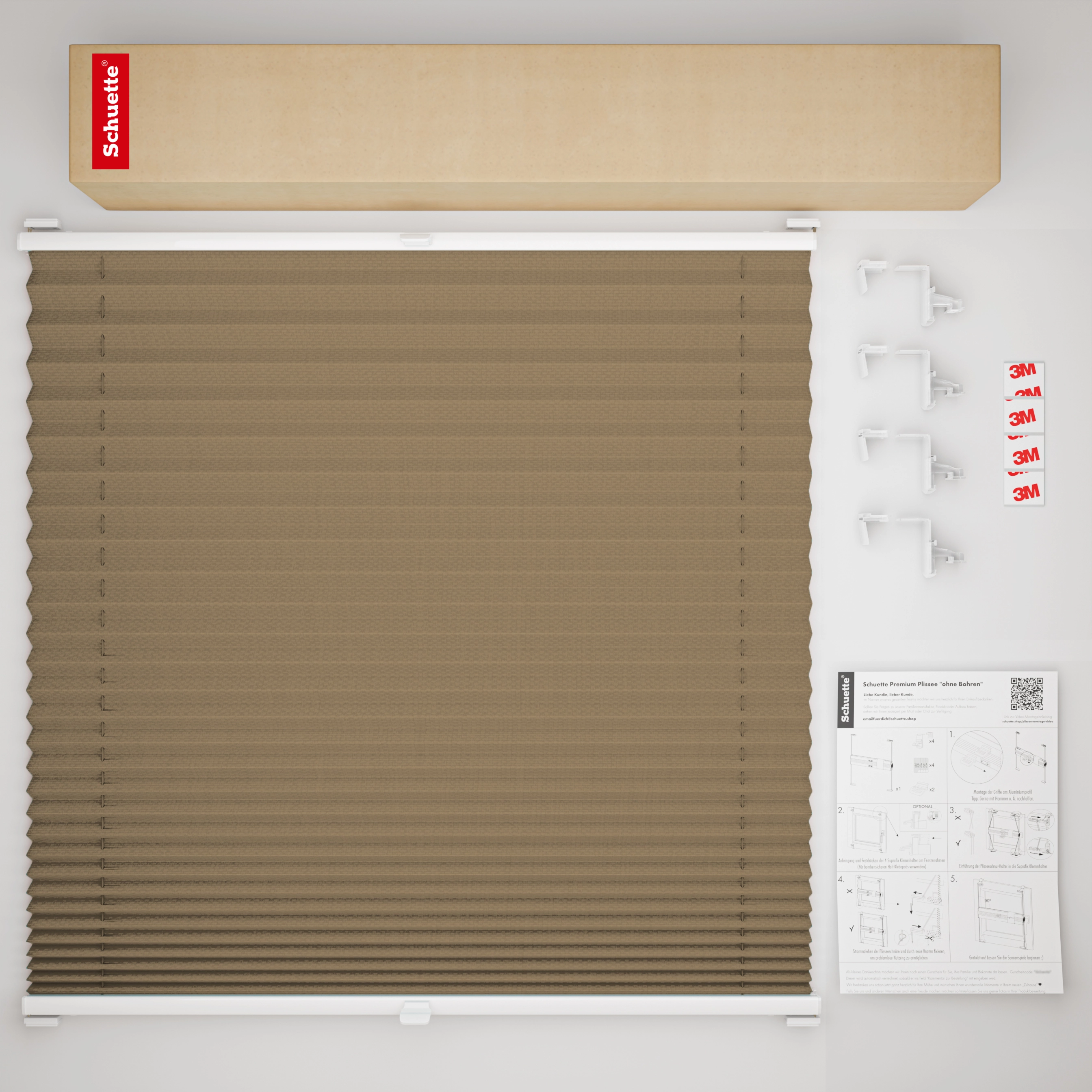 Schuette® Pleated Blind Made to Measure without Drilling • Premium Collection: Morning Coffee (Light Brown) • Profile Color: White