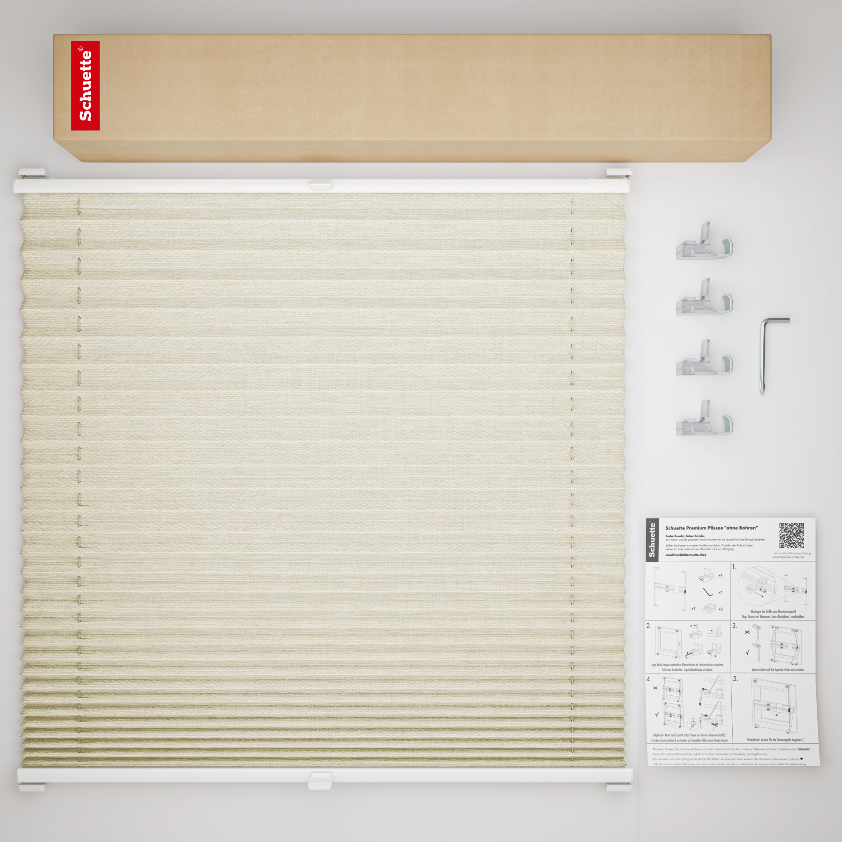 Schuette® Pleated Blind Made to Measure without Drilling • Dolomite Collection: Light Coffee (Beige) • Profile Colour: White