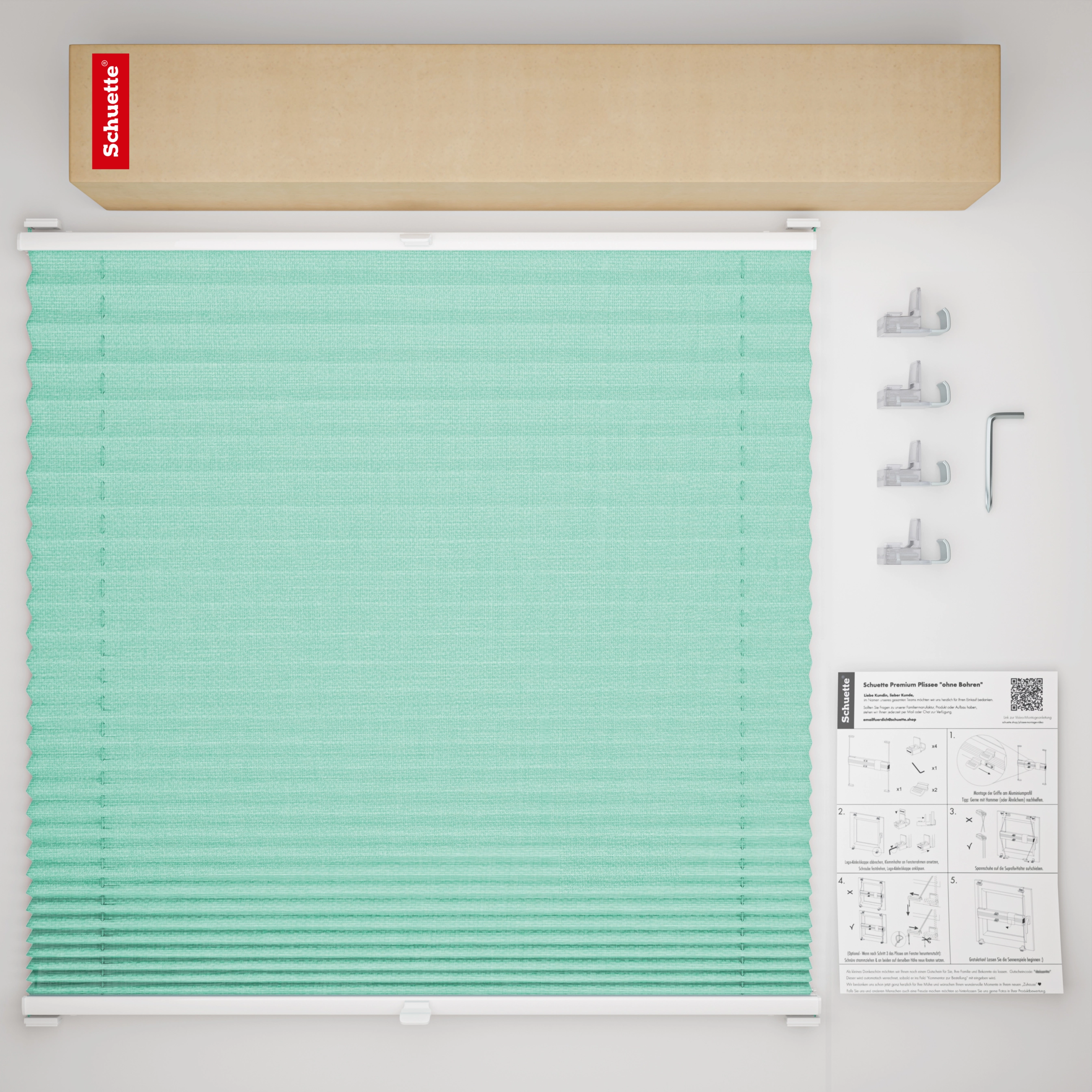 Schuette® Pleated Blind Made to Measure without Drilling • Suprafix Clamp holder “Incognito" Standard” • Melange Collection: Mint Ice Cream (Green) • Profile Colour: White