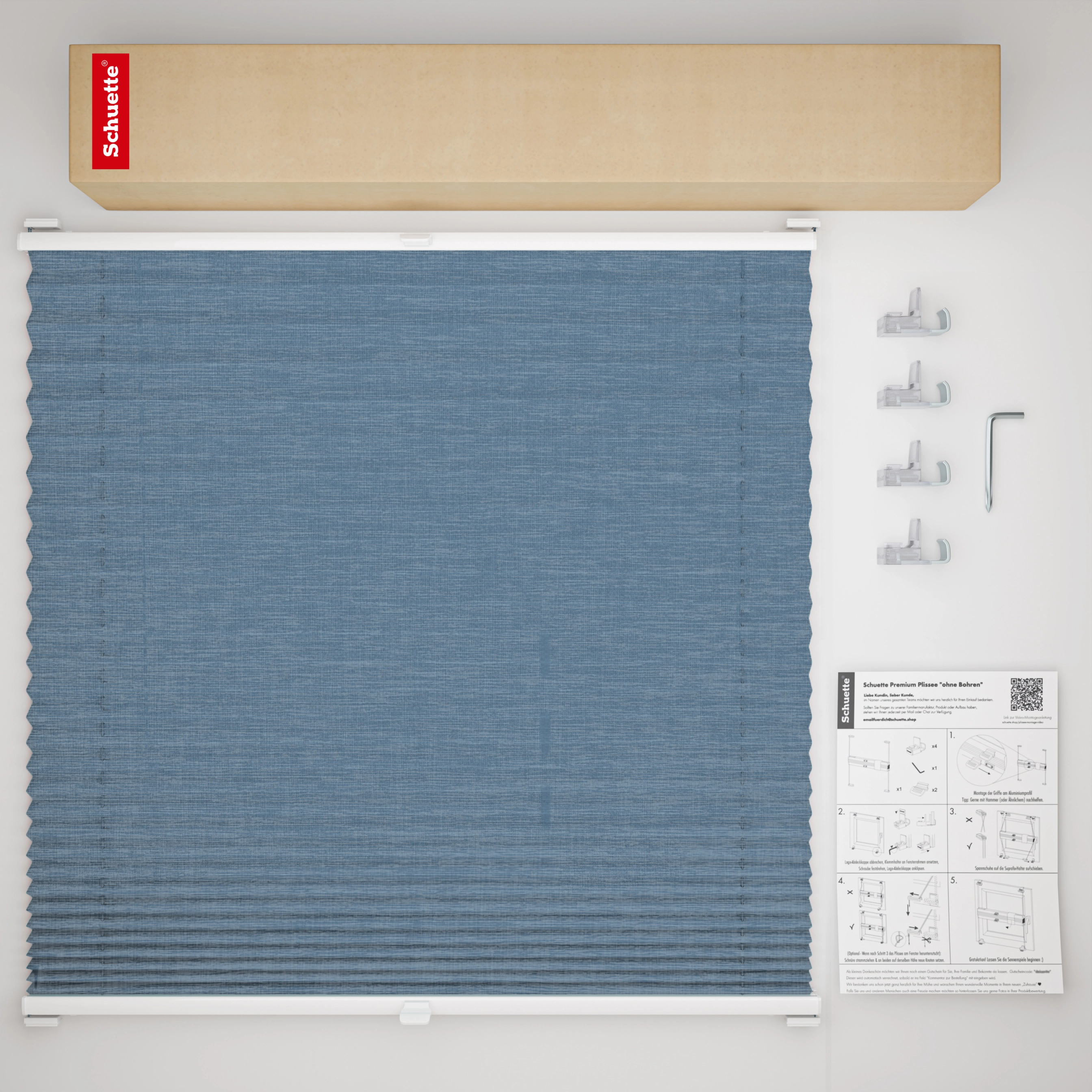 Schuette® Pleated Blind Made to Measure without Drilling • Suprafix Clamp holder “Incognito" Standard” • Melange Collection: After Rain (Blue) • Profile Colour: White