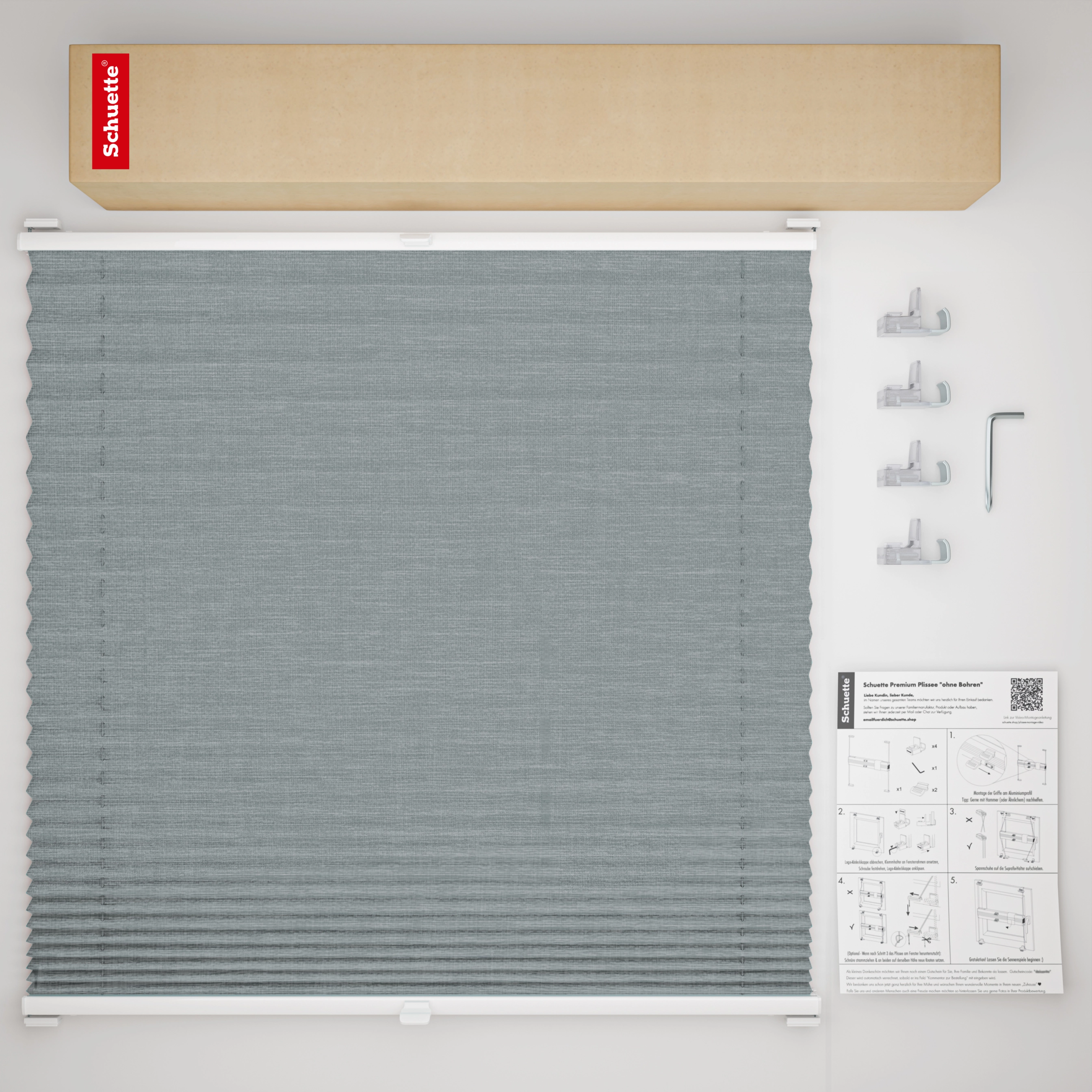 Schuette® Pleated Blind Made to Measure without Drilling • Suprafix Clamp holder “Incognito" Standard” • Melange Collection: Rocky Mountain (Grey) • Profile Colour: White