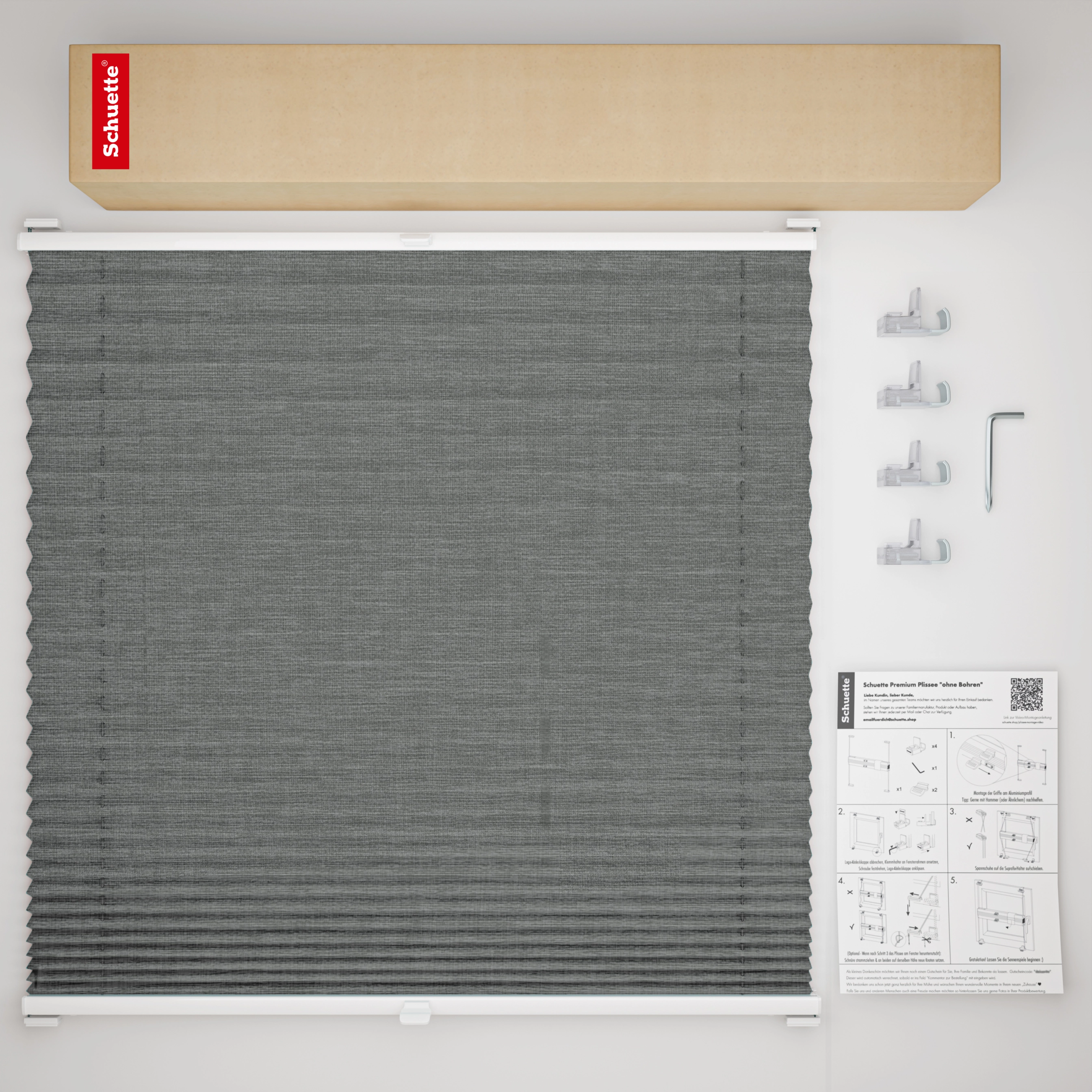 Schuette® Pleated Blind Made to Measure without Drilling • Suprafix Clamp holder “Incognito" Standard” • Melange Collection: Black Pearl (Black) • Profile Colour: White
