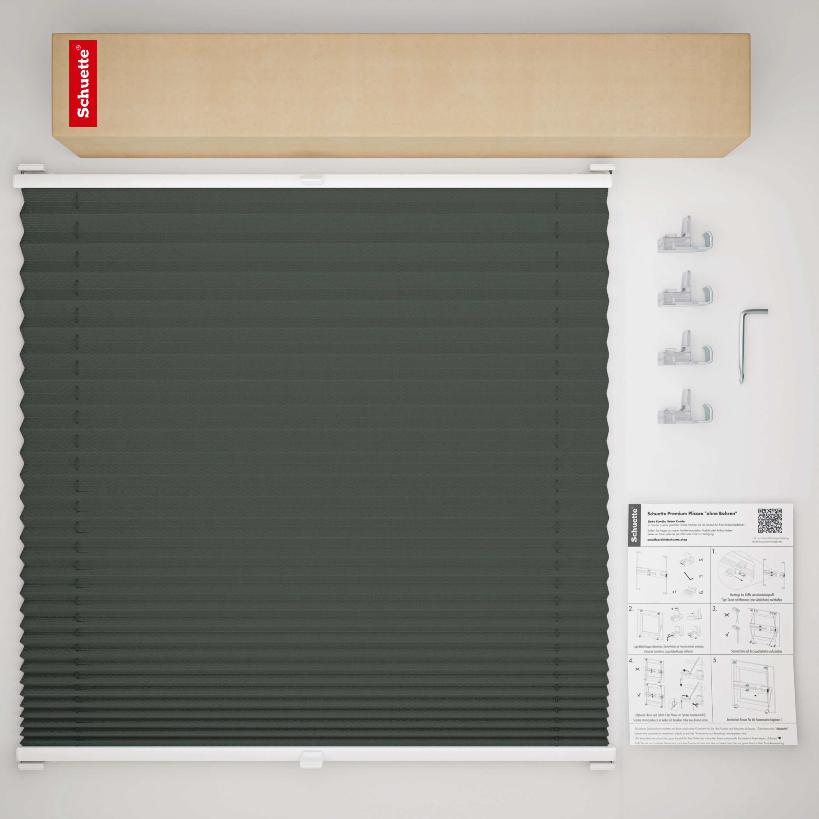 Schuette® Pleated Blind Made to Measure without Drilling • Premium Collection: Rocky Mountain (Graphite) • Profile Color: White