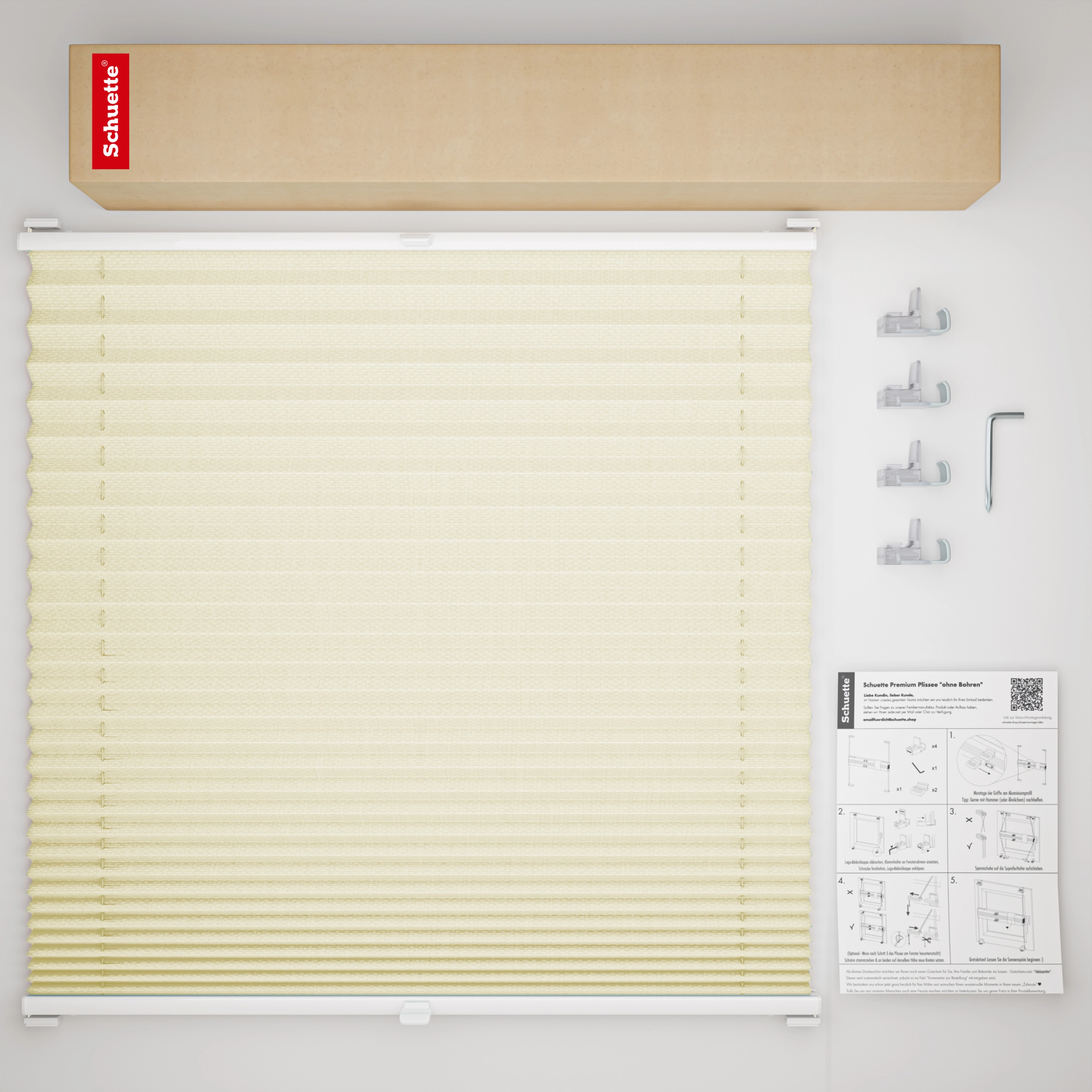 Schuette® Pleated Blind Made to Measure without Drilling • Premium Collection: Vanilla Ice Cream (Cream) • Profile Color: White