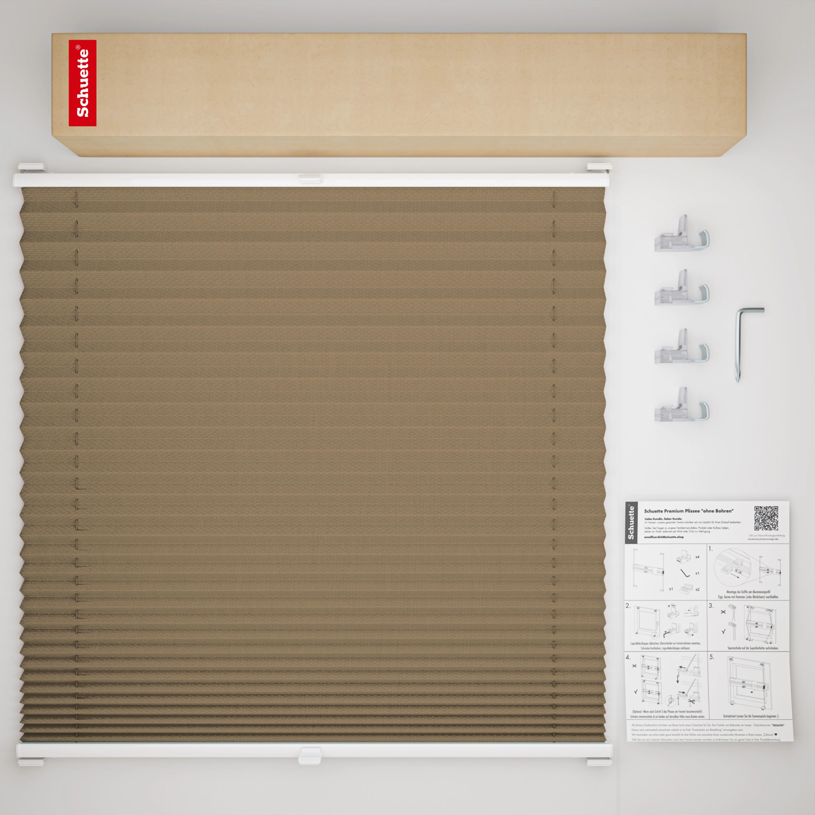 Schuette® Pleated Blind Made to Measure without Drilling • Premium Collection: Morning Coffee (Light Brown) • Profile Color: White