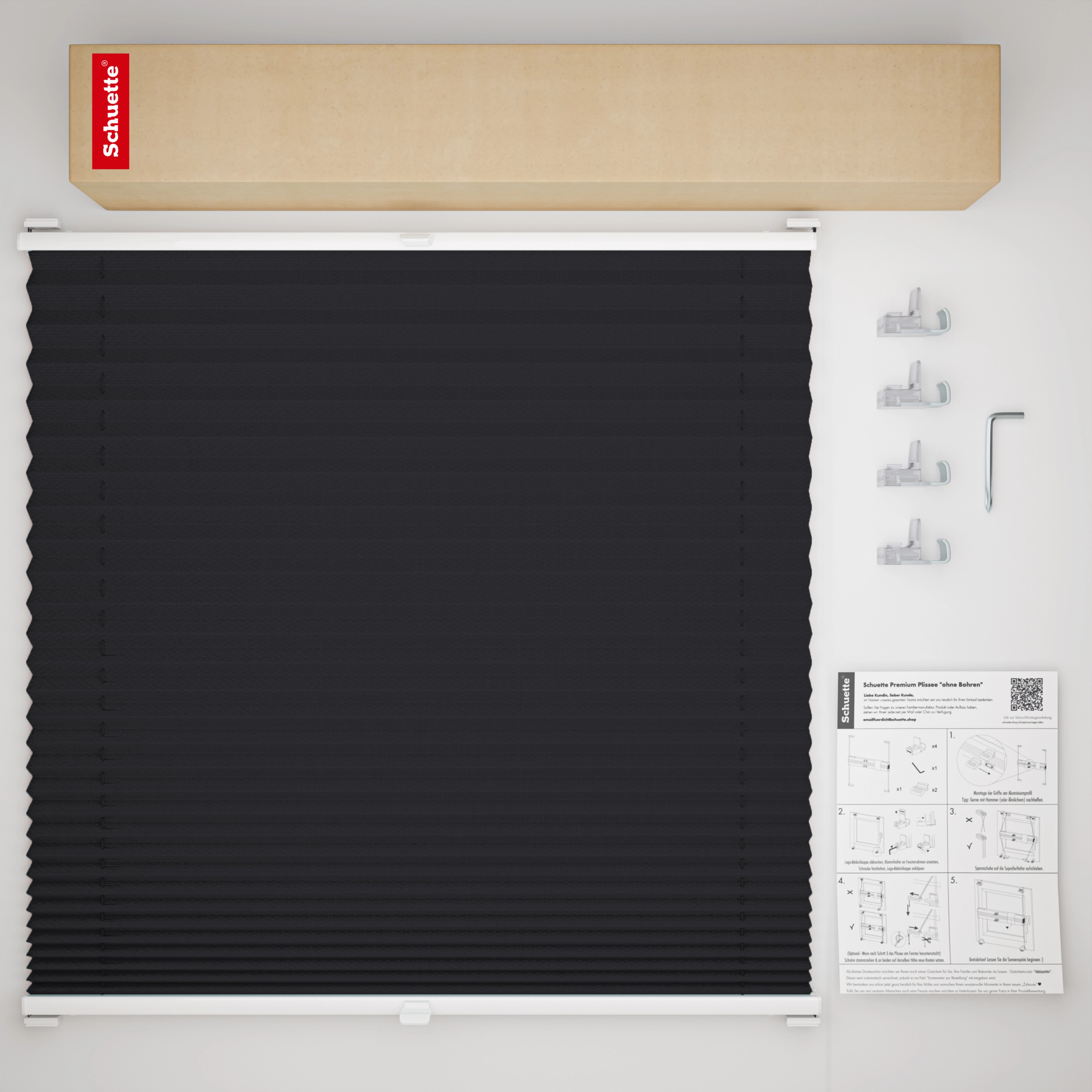 Schuette® Pleated Blind Made to Measure without Drilling • Premium Collection: Silesian Coal (Black) • Profile Color: White