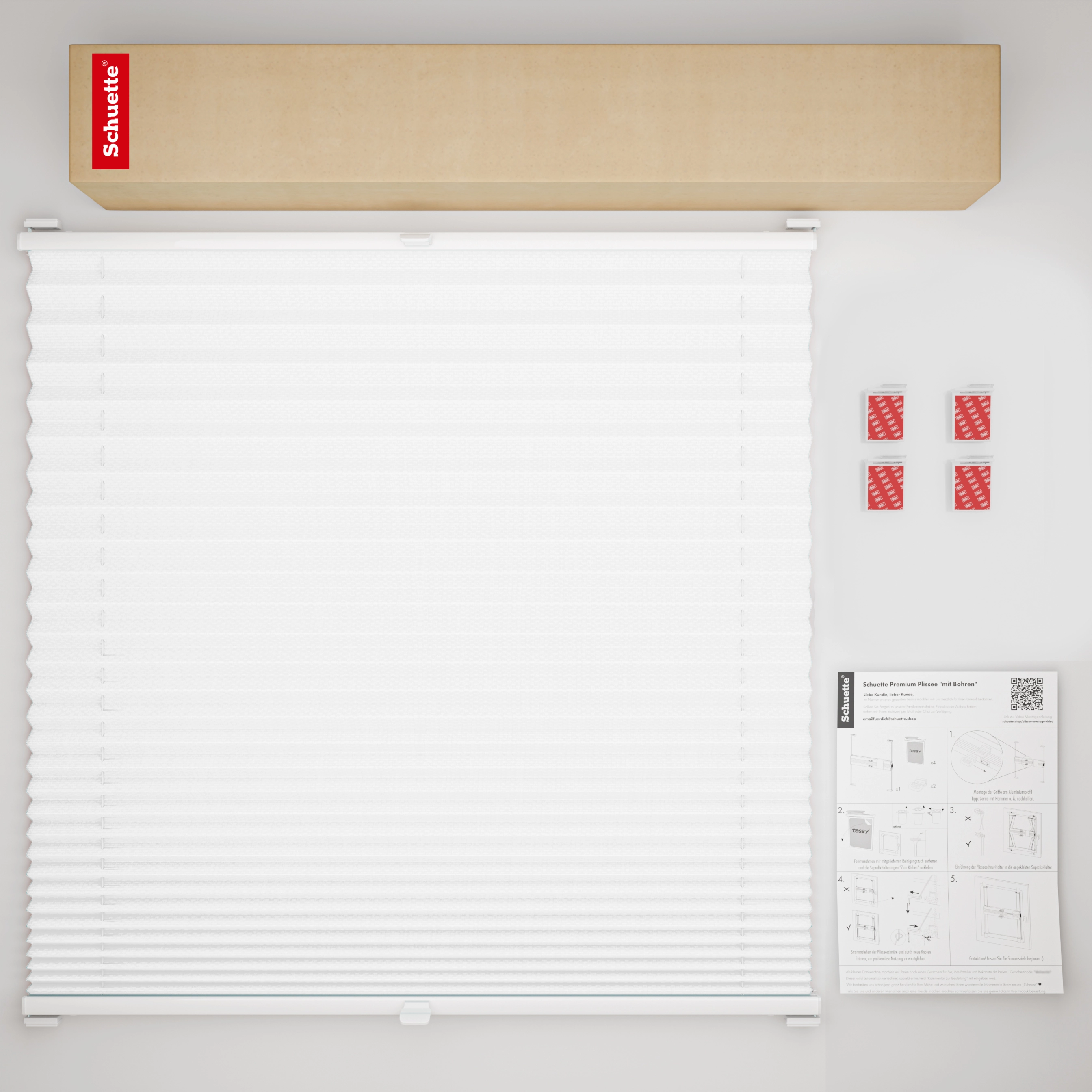Schuette® Pleated blind without drilling made-to-measure • Suprafix Mounts “For glueing” • Premium Collection: White Day (White) • Profile color: White