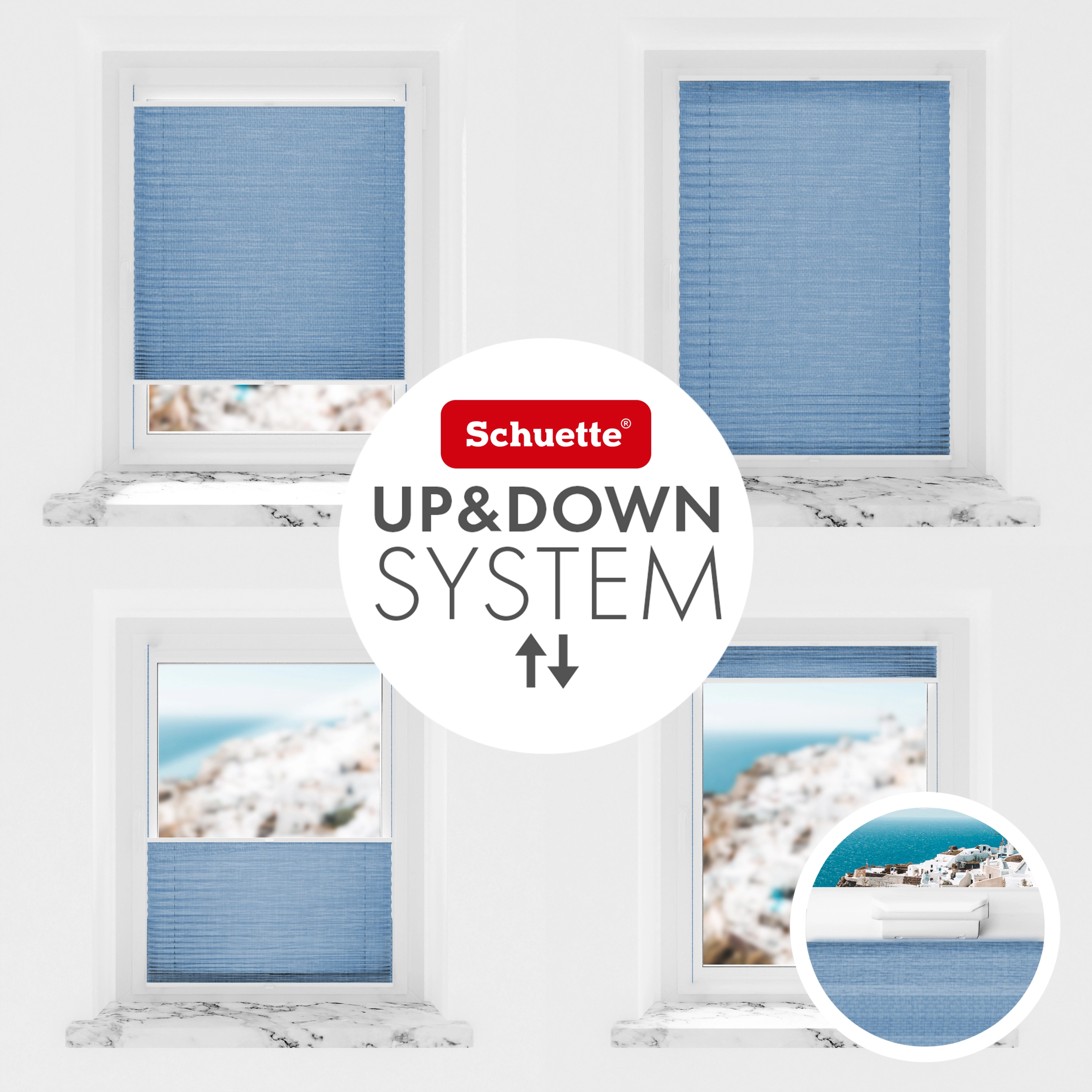 Schuette® Pleated Blind Made to Measure without Drilling • Suprafix Clamp holder “Incognito" Standard” • Melange Collection: Deep Sea (Blue) • Profile Colour: White