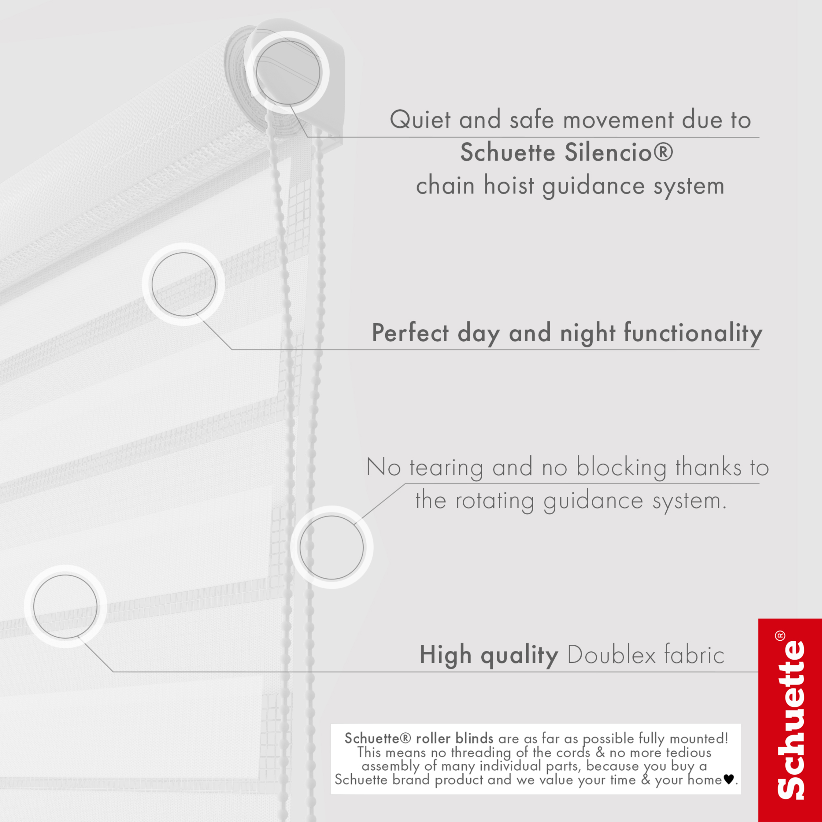 Schuette® Tag und Nacht Rollo ohne Bohren & mit Bohren 2in1 nach Maß • Doppelrollo Kollektion: White Snow (Weiß) • Profilfarbe: Grau