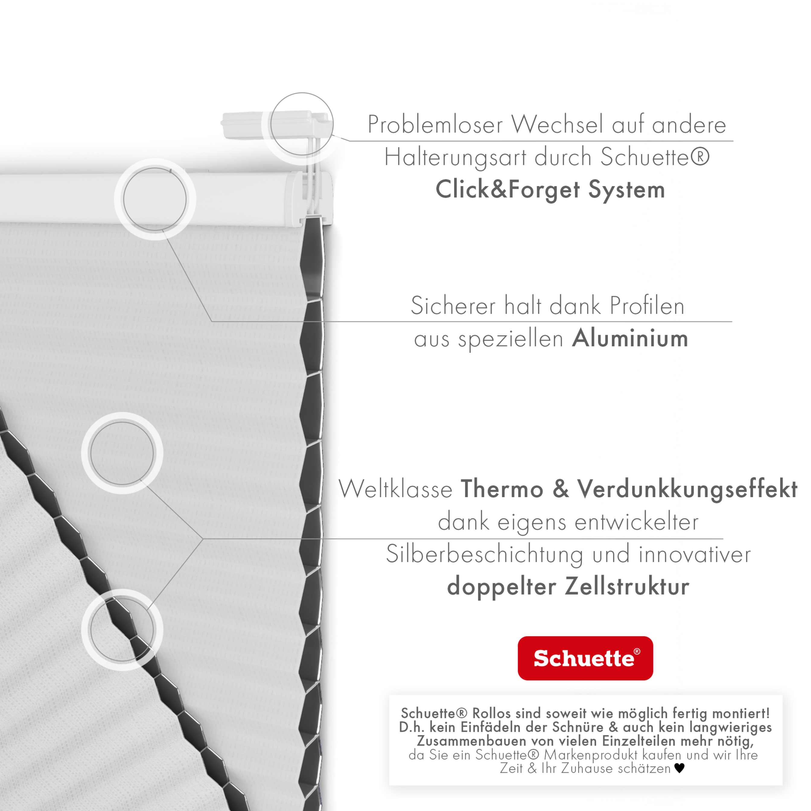 Schuette® Wabenplissee ohne Bohren nach Maß • Suprafix Klemmhalter “Incognito" Standard • Honey Kollektion: Dove Shadow (Silber) • Profilfarbe: Anthrazit