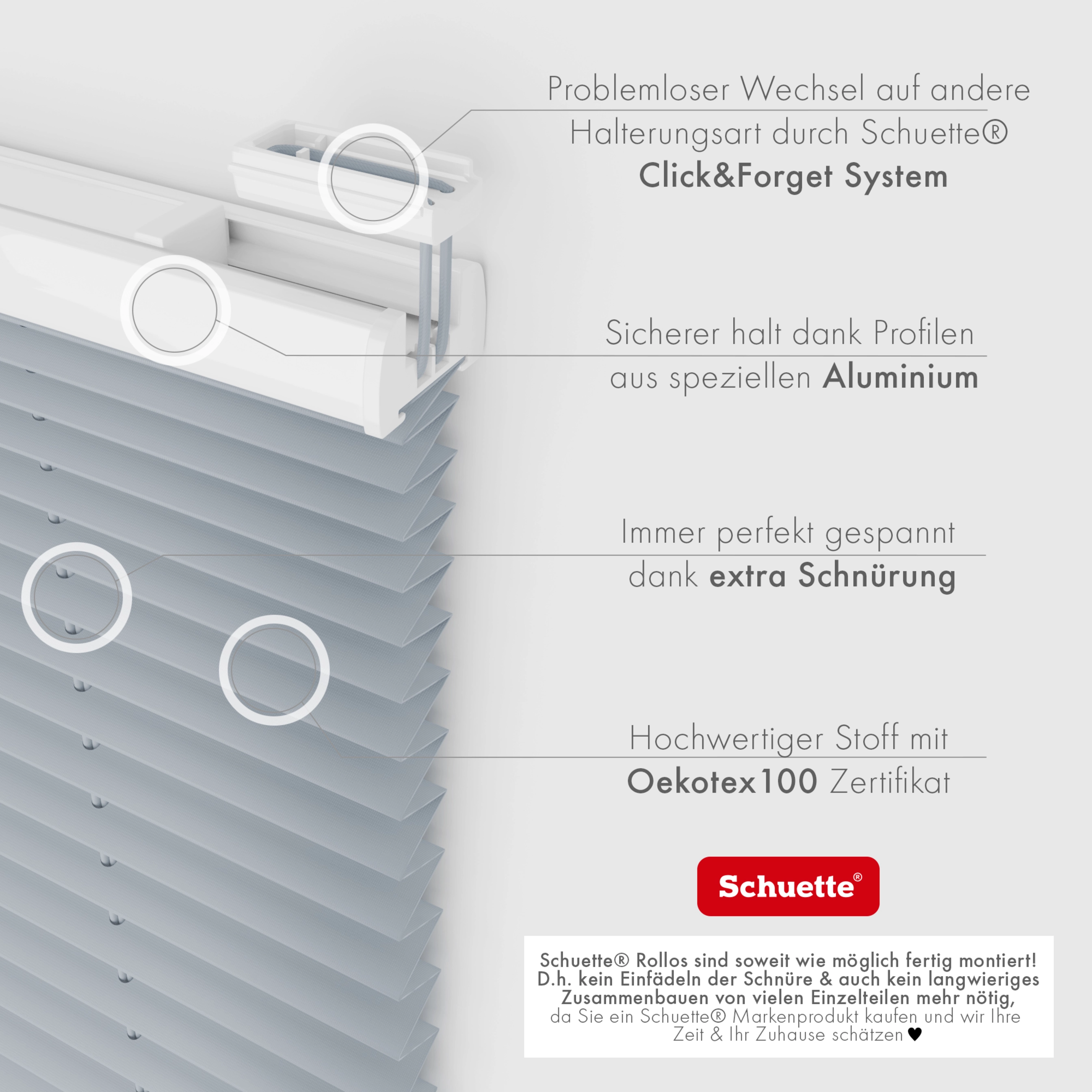 Schuette® Plissee mit Bohren nach Maß • Suprafix Halterungen “Mit Bohren” •  Premium Kollektion: Silver Sonata (Grau) • Profilfarbe: Weiß