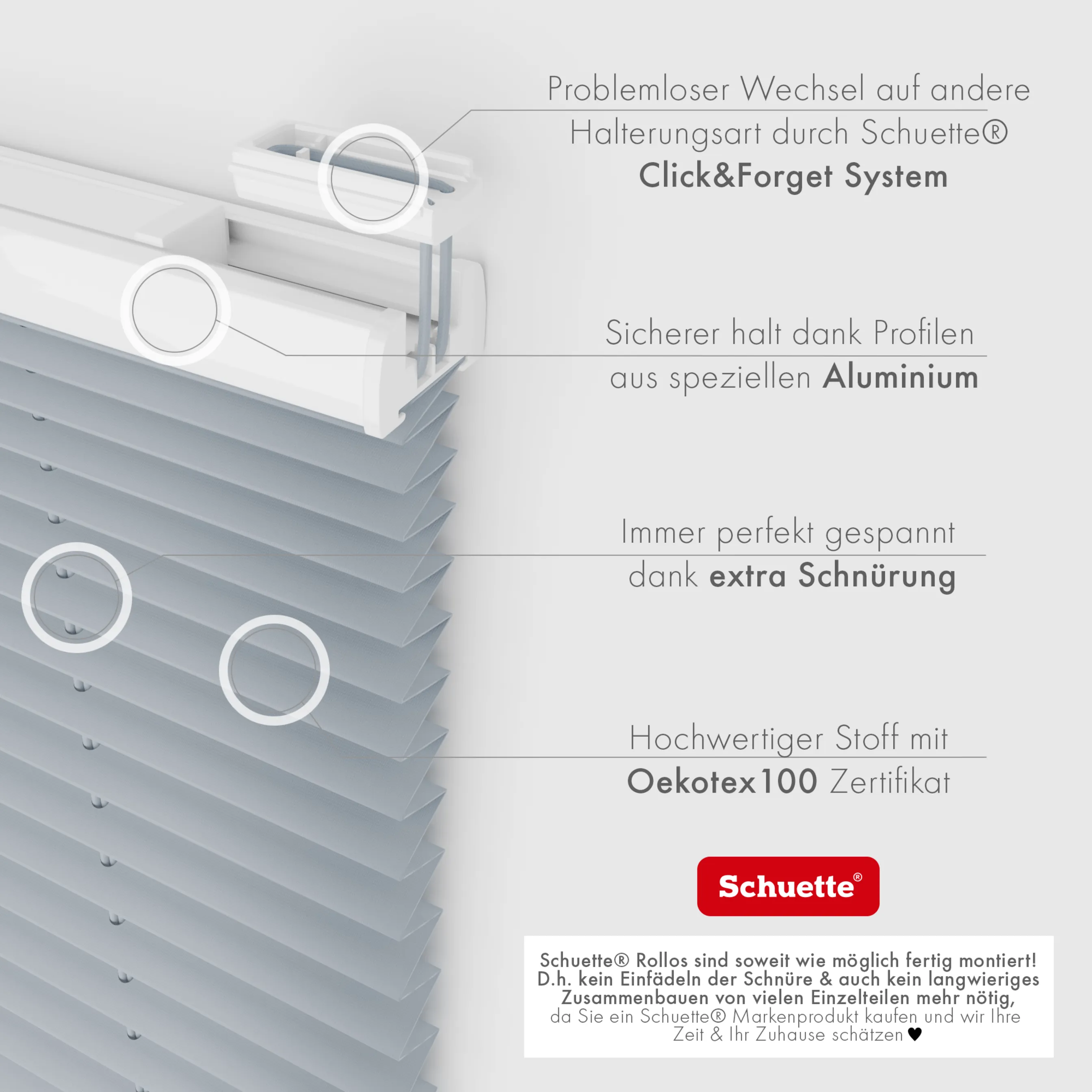 Schuette® Plissee ohne Bohren nach Maß • Suprafix Klemmhalter “Incognito X" • Premium Kollektion: Silver Sonata (Grau) • Profilfarbe: Walnuss