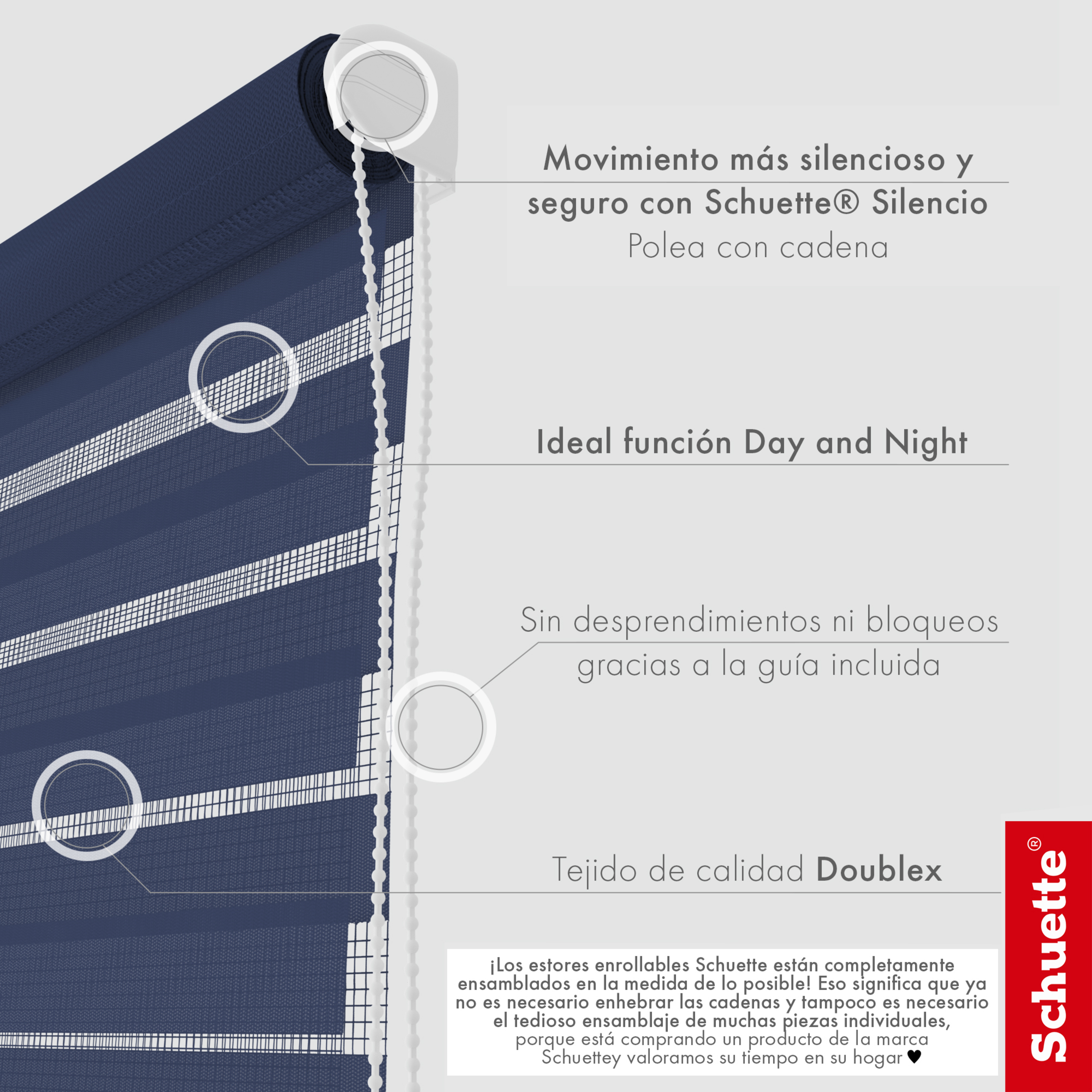 Schuette® Tag und Nacht Rollo ohne Bohren & mit Bohren 2in1 nach Maß • Doppelrollo Kollektion: Azure Coast (Dunkelblau) • Profilfarbe: Grau