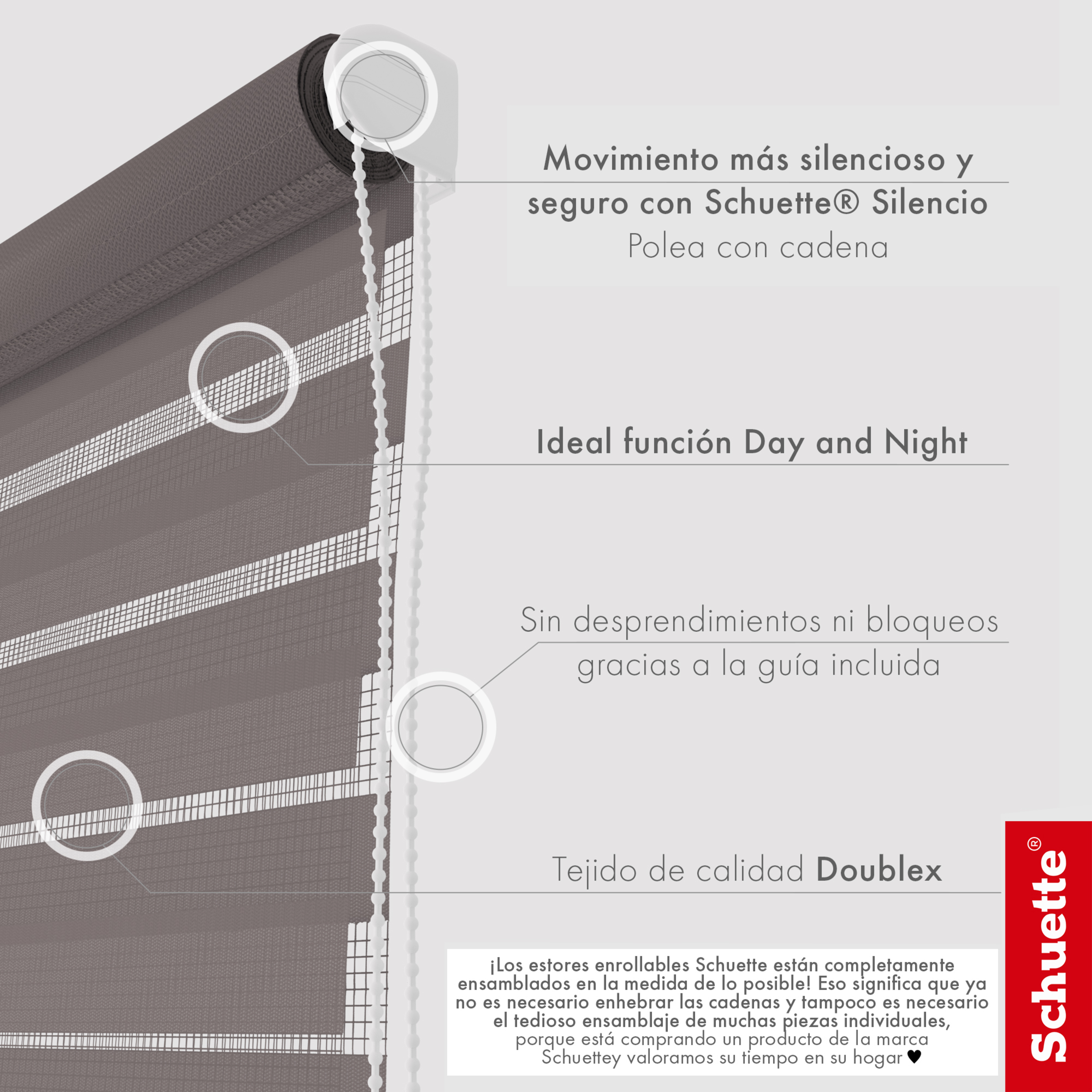 Schuette® Tag und Nacht Rollo ohne Bohren & mit Bohren 2in1 nach Maß • Doppelrollo Kollektion: Grey Lead (Grau) • Profilfarbe: Braun