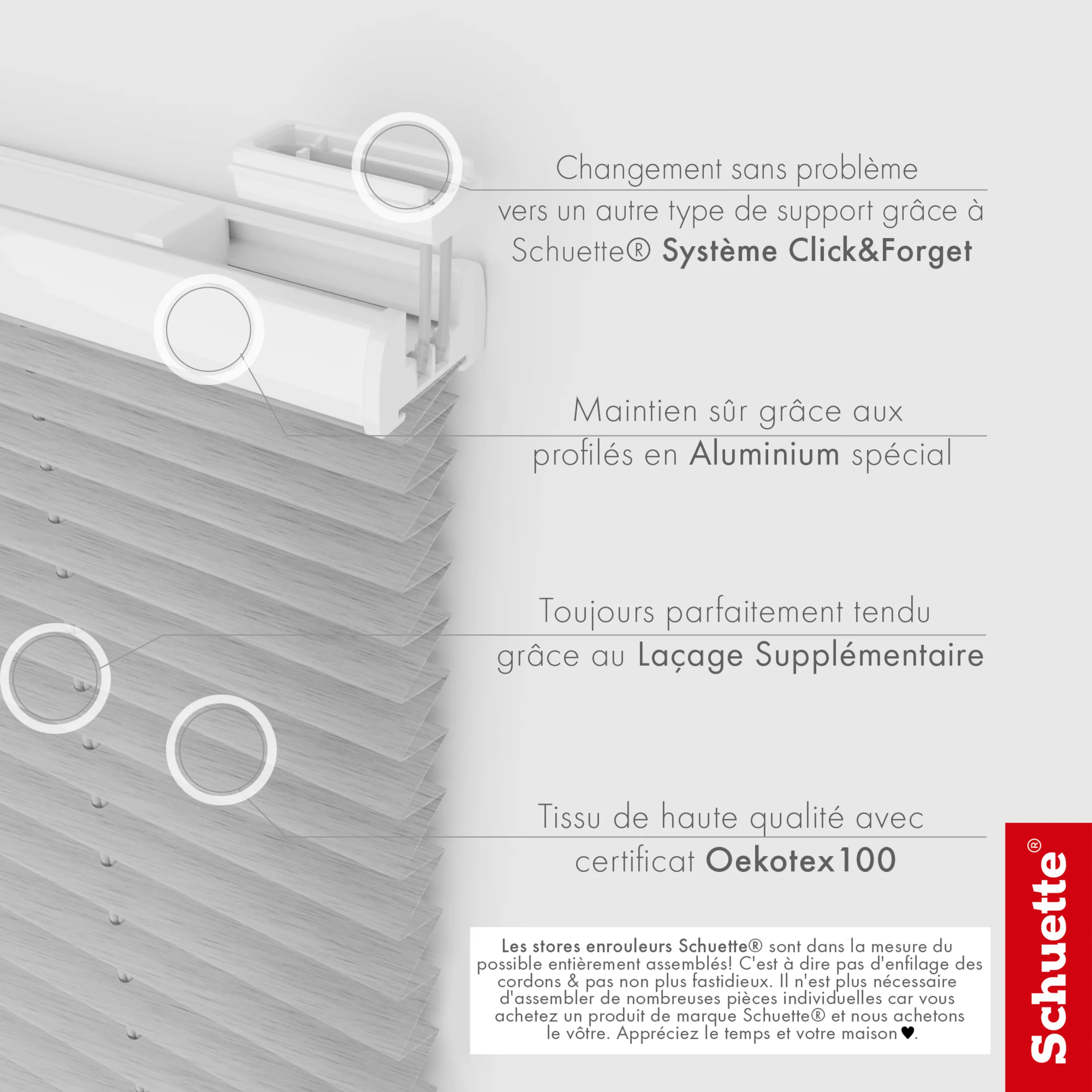 Schuette® Plissee ohne Bohren nach Maß • Suprafix Halterung “Zum Kleben” • Dolomite Kollektion: Storm Gray (Grau) • Profilfarbe: Eiche